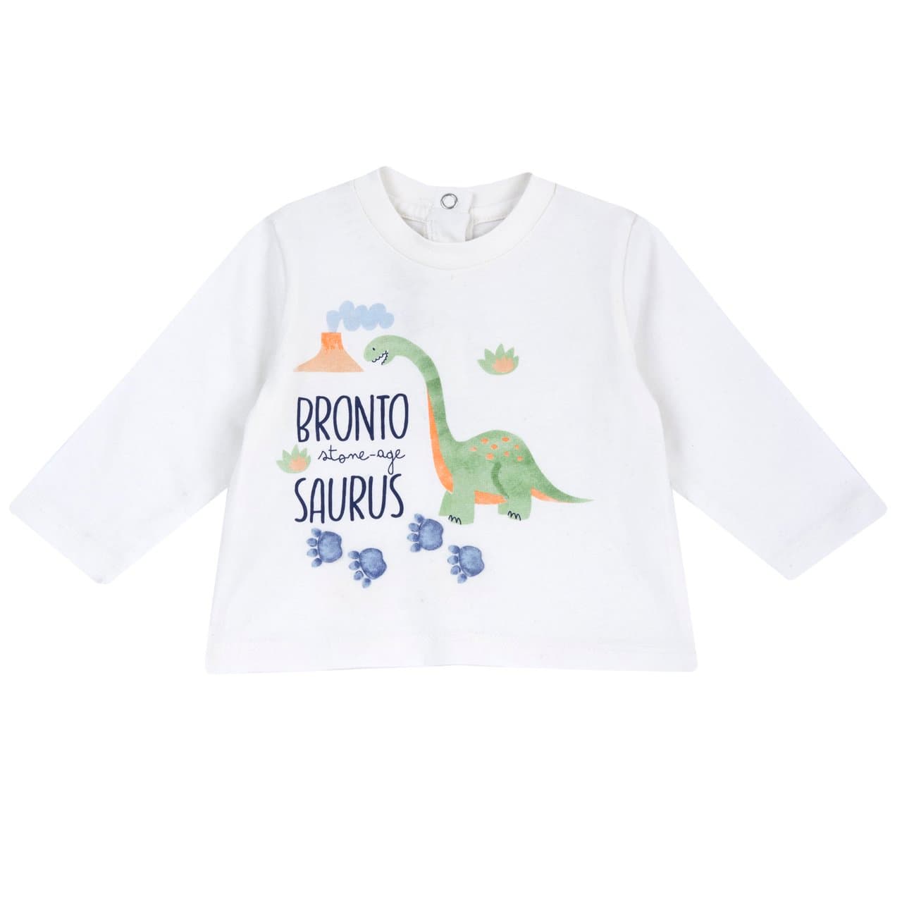 Maglietta Manica Lunga | Chicco Maglietta a manica lunga da bambino Chicco in jersey di cotone bianco con stampa di dinosauro e bottoncini automatici, certificata Oeko-Tex. | Chicco