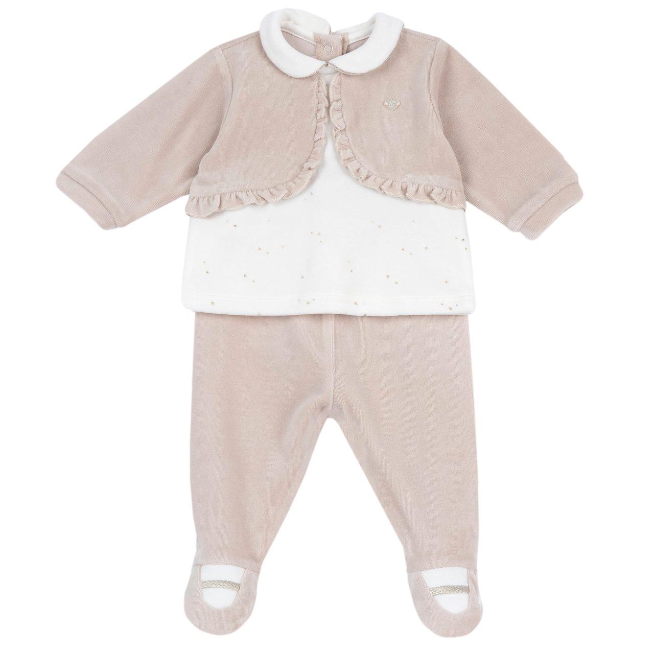 Completo Maglia E Pantaloni Con Piedini | Chicco Completo Chicco per bambina in ciniglia bianca, maglia effetto cardigan con stampa glitterata e ghettina con piedino effetto scarpina. | Chicco