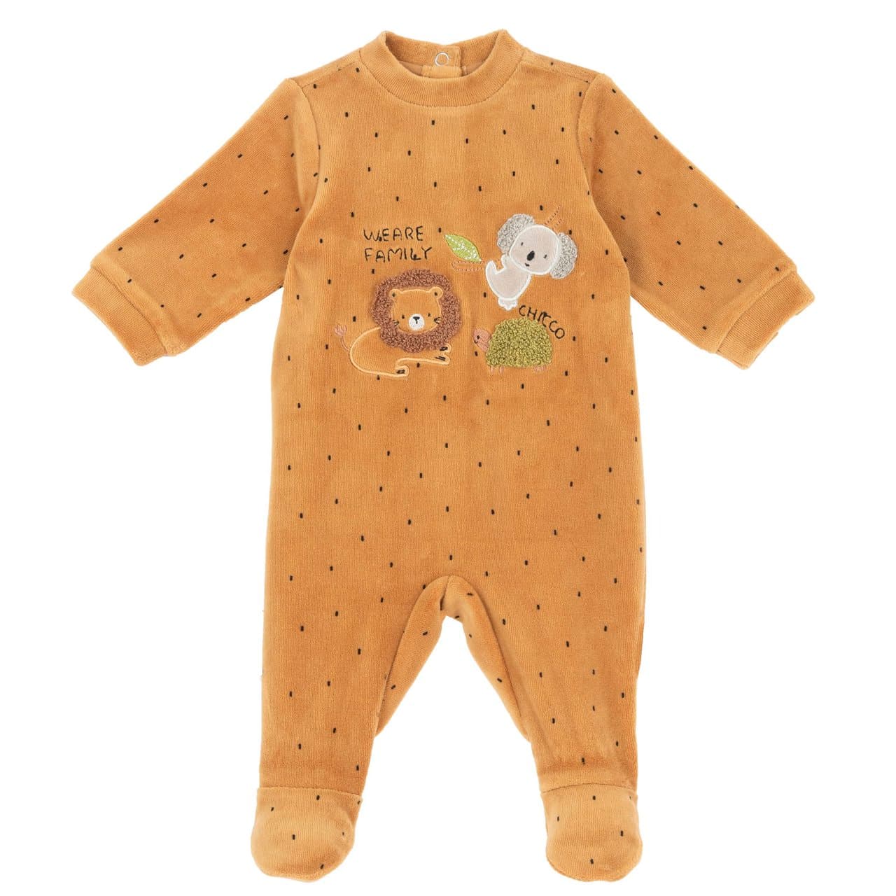 Tutina Aperta Dietro | Chicco Tutina neonato Chicco unisex gialla con stampa a puntini, grafica applicata e ricamo, aperta dietro con bottoni automatici e piedini antiscivolo dalla taglia 12 mesi. | Chicco