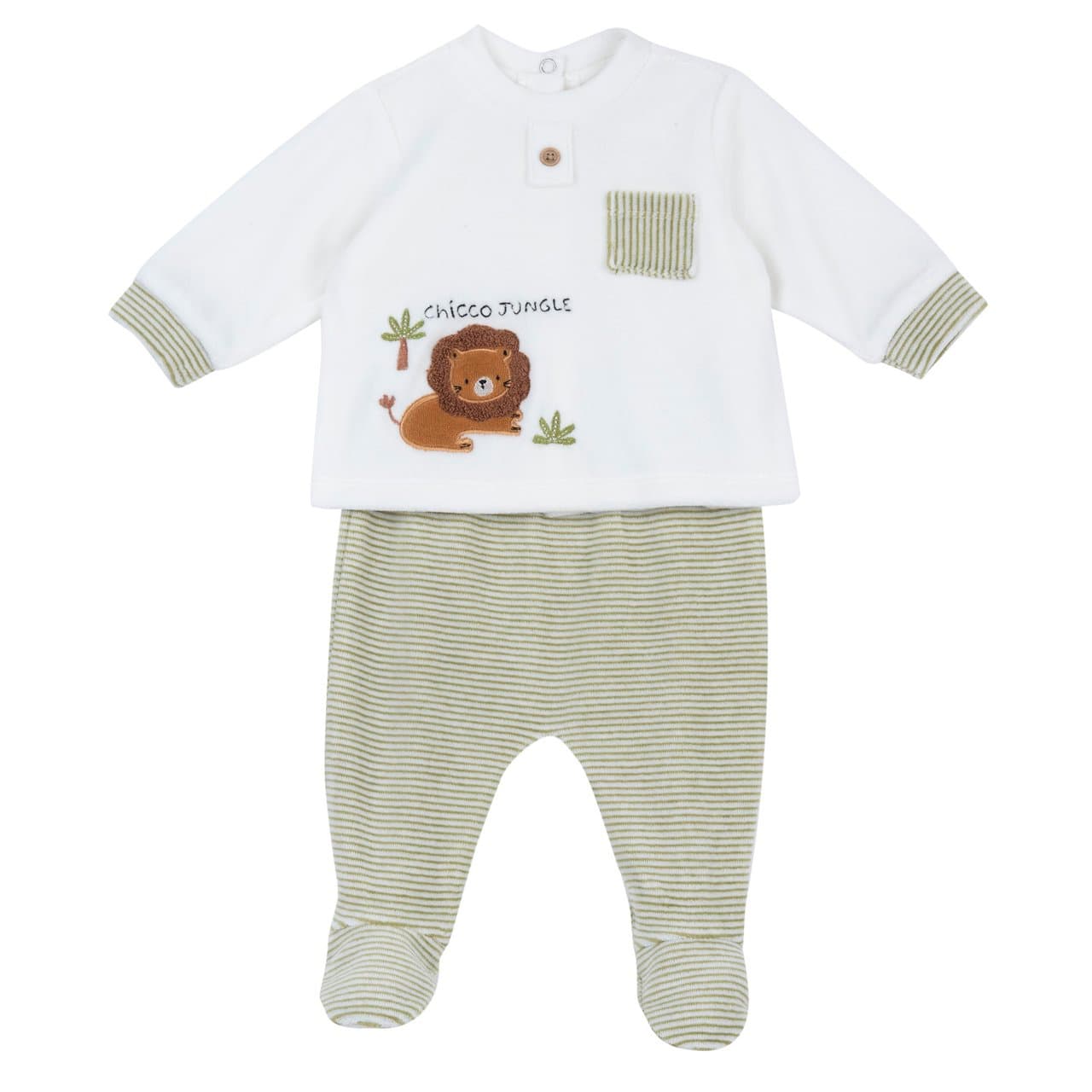 Completo Maglia E Pantaloni Con Piedini | Chicco Completo neonato Chicco unisex in ciniglia bianca con grafica e pantaloni a righe tinto filo con piedini, ideale per autunno/inverno. | Chicco