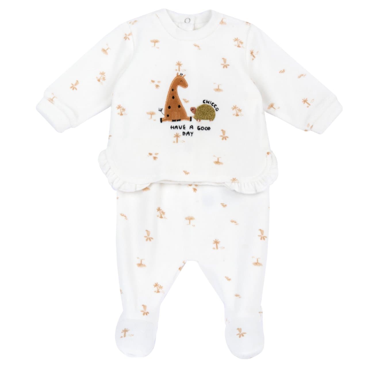 Completo Maglia E Pantaloni Con Piedini | Chicco Completo Chicco per bambina in ciniglia bianca, maglia con stampa fantasia e applicazione ricamata, pantaloni con piedini, ideale autunno/inverno. | Chicco