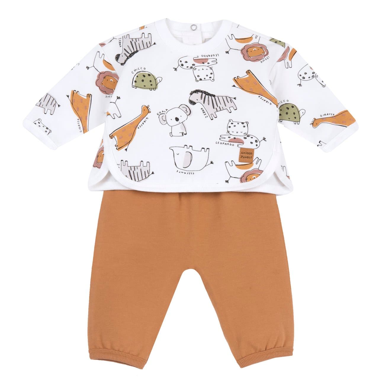 Completo Maglia E Pantaloni | Chicco Completo neonato Chicco unisex in felpa elasticizzata beige, maglia con stampa animali e pantaloni tinta unita, ideale autunno/inverno. | Chicco