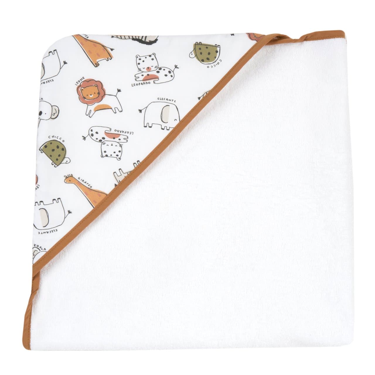 Accappatoio | Chicco Accappatoio quadrato Chicco unisex beige in spugna di cotone con cappuccio fantasia animali, ideale per neonati e bambini, certificato Oeko-Tex. | Chicco