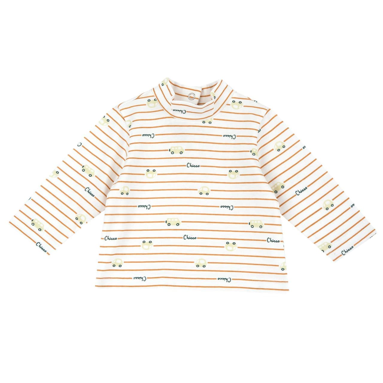 Maglietta Collo Lupetto Manica Lunga | Chicco Maglietta a collo lupetto manica lunga Chicco bianca in cotone con fantasia a righe e macchinine, chiusura con bottoncini automatici. | Chicco