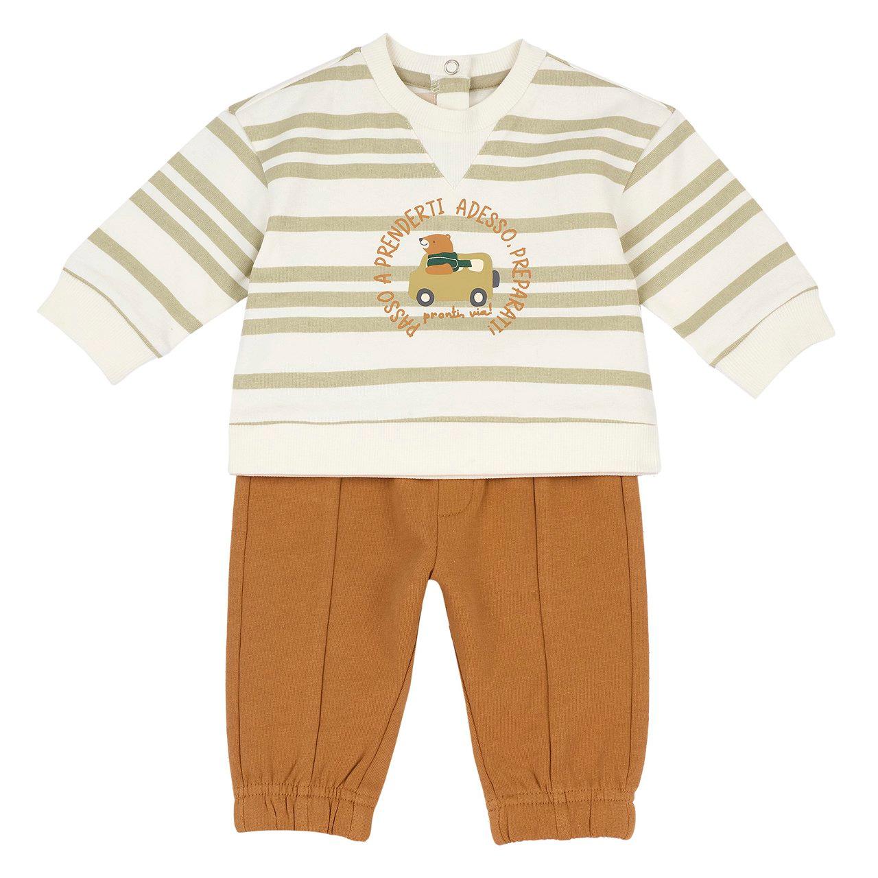 Completo Felpa Con Pantaloni | Chicco Completo felpa e pantaloni Chicco per bambino in felpa garzata bianca, con maglia a righe e stampa macchinina, ideale per autunno/inverno. | Chicco