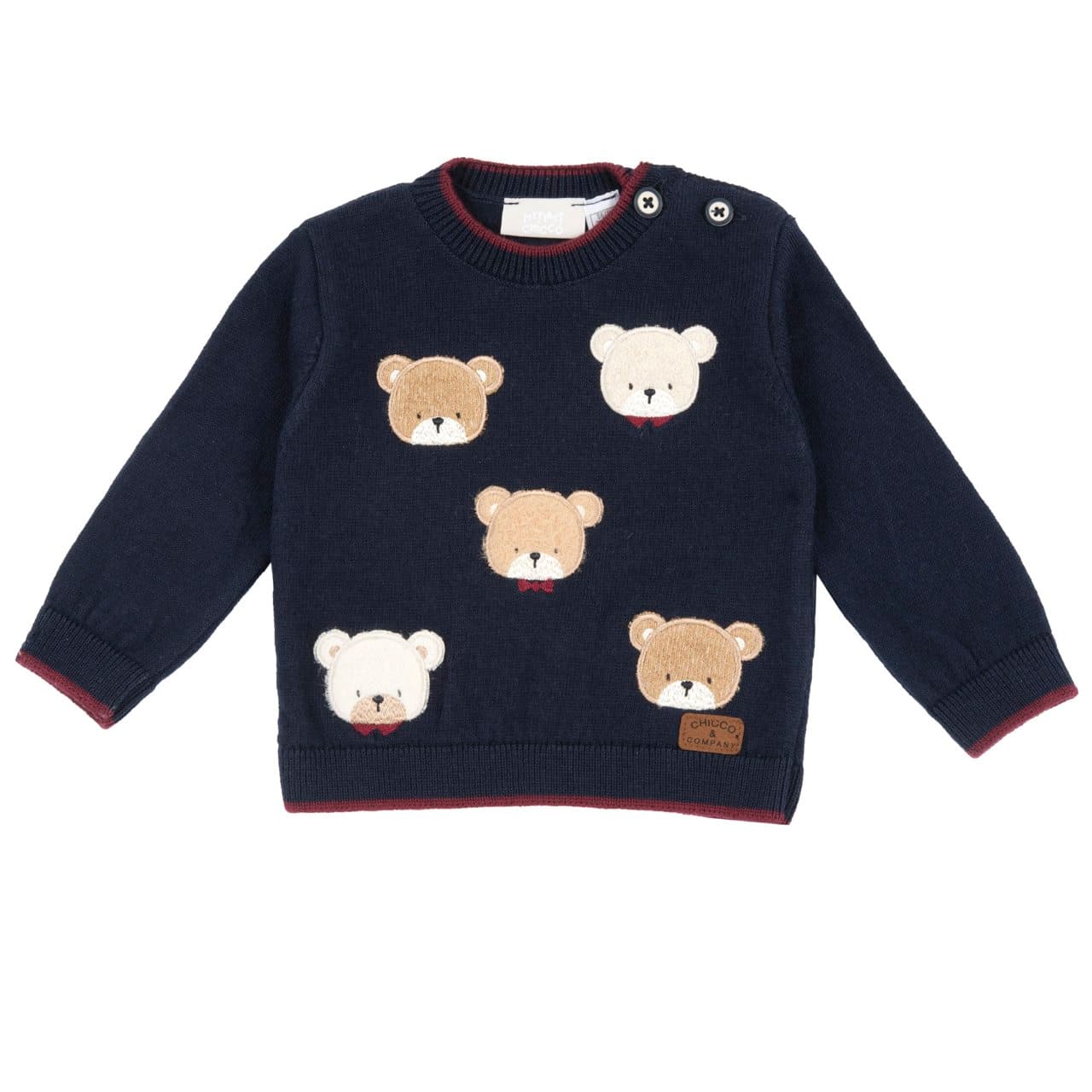 Maglione Girocollo | Chicco Maglione girocollo Chicco blu per bambino con orsetti intarsiati e bordi bordeaux, in misto cotone e lana, certificato Oeko-Tex. | Chicco