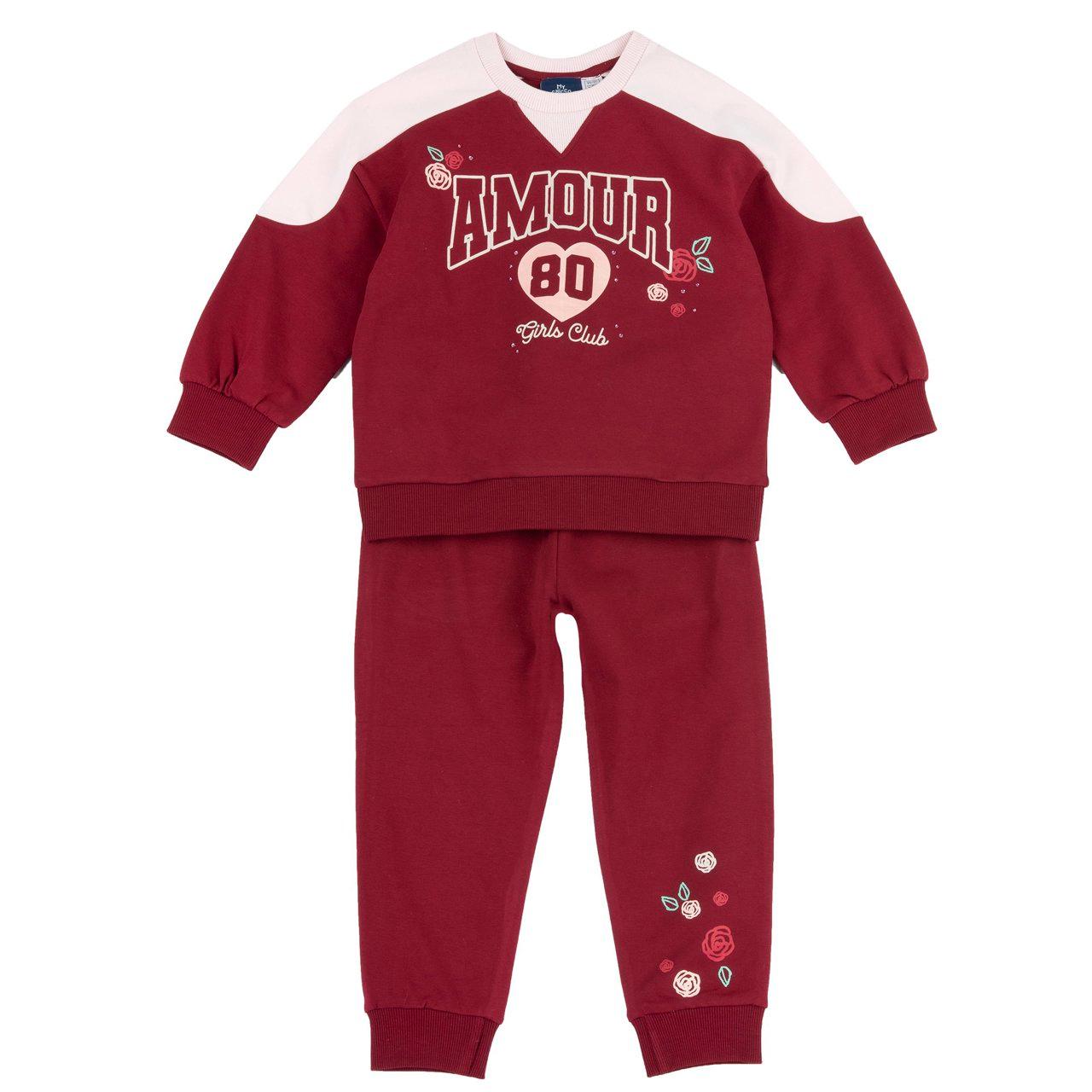 Completo Felpa Con Pantaloni | Chicco Completo felpa e pantaloni Chicco da bambina in cotone elasticizzato, felpa girocollo con stampa frontale e pantaloni rossi con grafica sul fondo. | Chicco