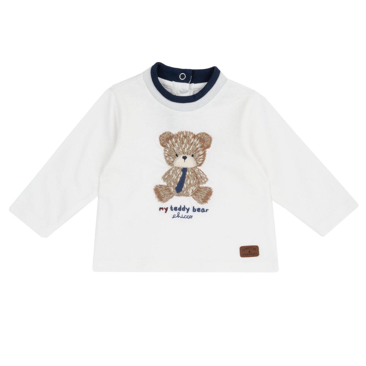 Maglietta Manica Lunga | Chicco Maglietta a manica lunga Chicco bianca in jersey di cotone per bambino, con girocollo bicolore, ricamo a orso e chiusura con bottoni automatici. | Chicco