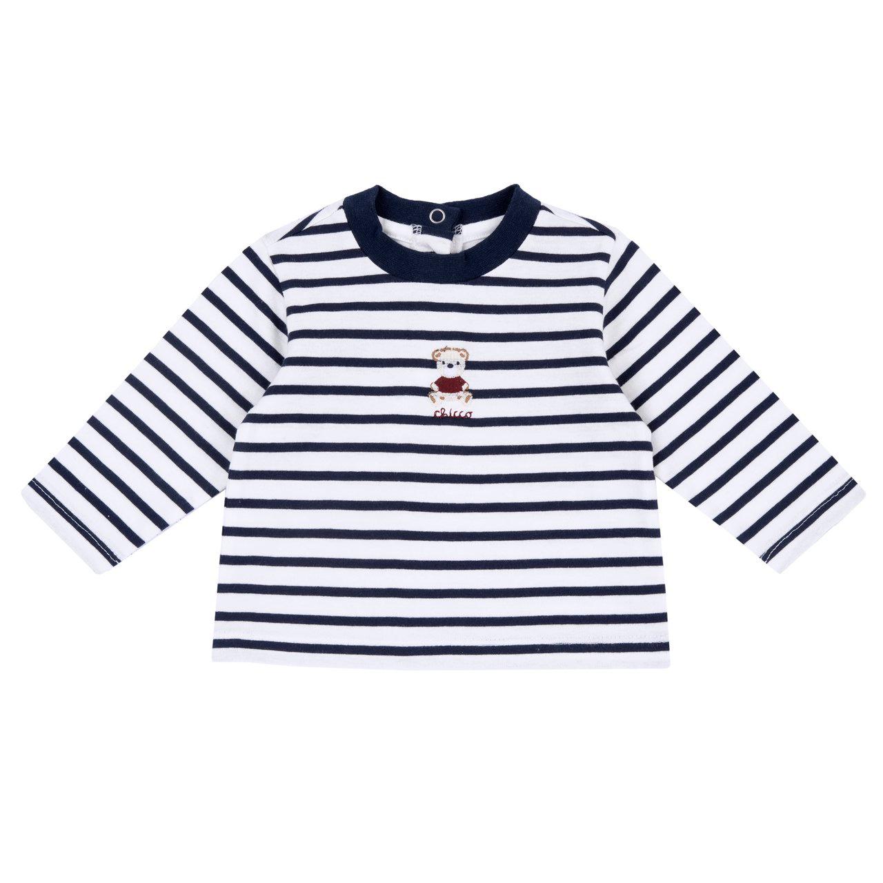 Maglietta Manica Lunga | Chicco Maglietta a manica lunga Chicco per bambino in jersey di cotone a righe grigie, con orsetto ricamato e bottoni automatici. | Chicco