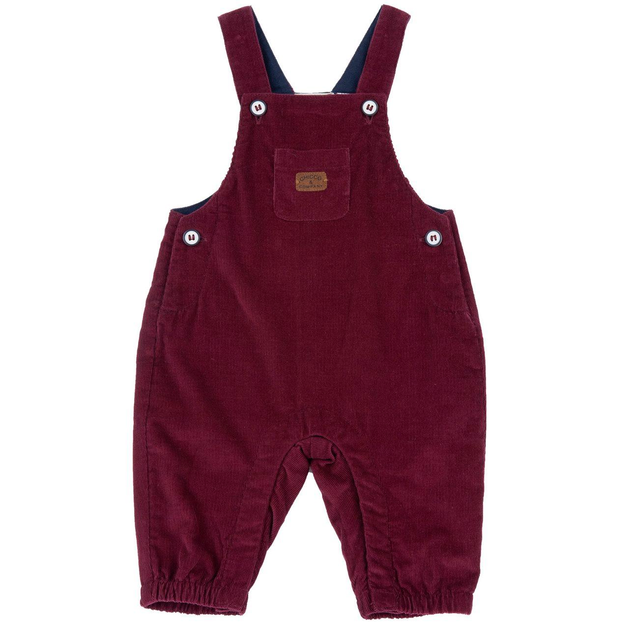 Salopette Lunga In Velluto A Coste | Chicco Salopette lunga da bambino Chicco in velluto a coste rosso, con fodera in jersey di cotone, pettorina con bottoni bicolore e chiusure automatiche nascoste. | Chicco
