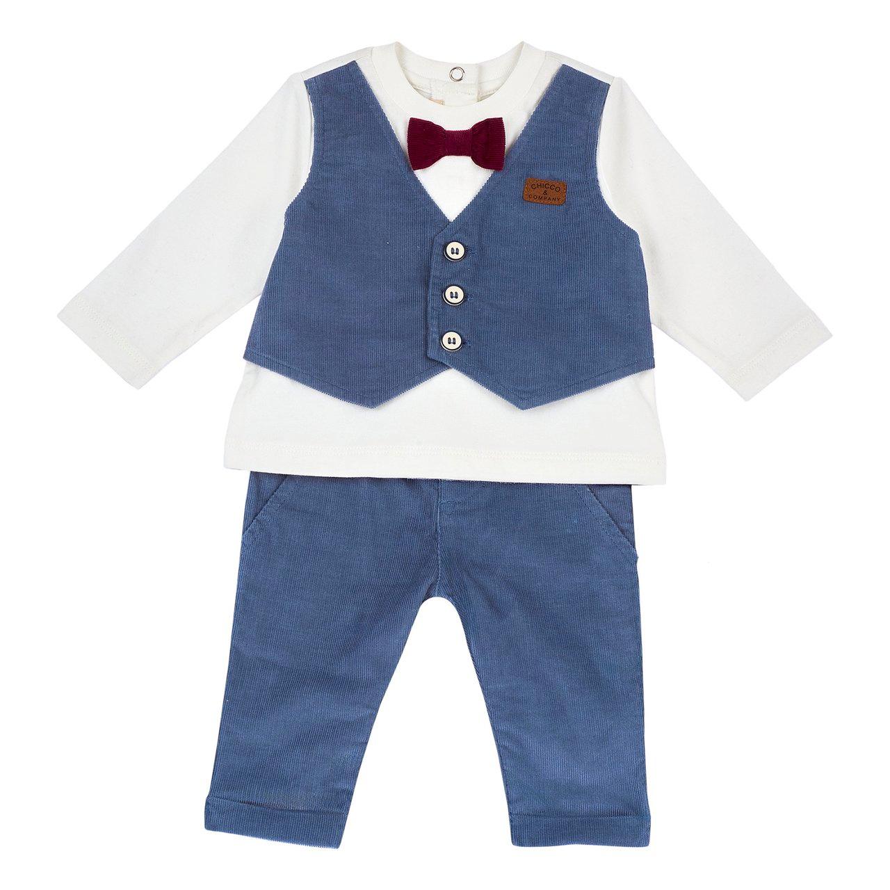 Completo Maglietta Con Pantaloni | Chicco Completo Chicco blu per bambino con maglietta a maniche lunghe e pantaloni lunghi in velluto a coste, con gilet applicato e bottoni bicolore. | Chicco