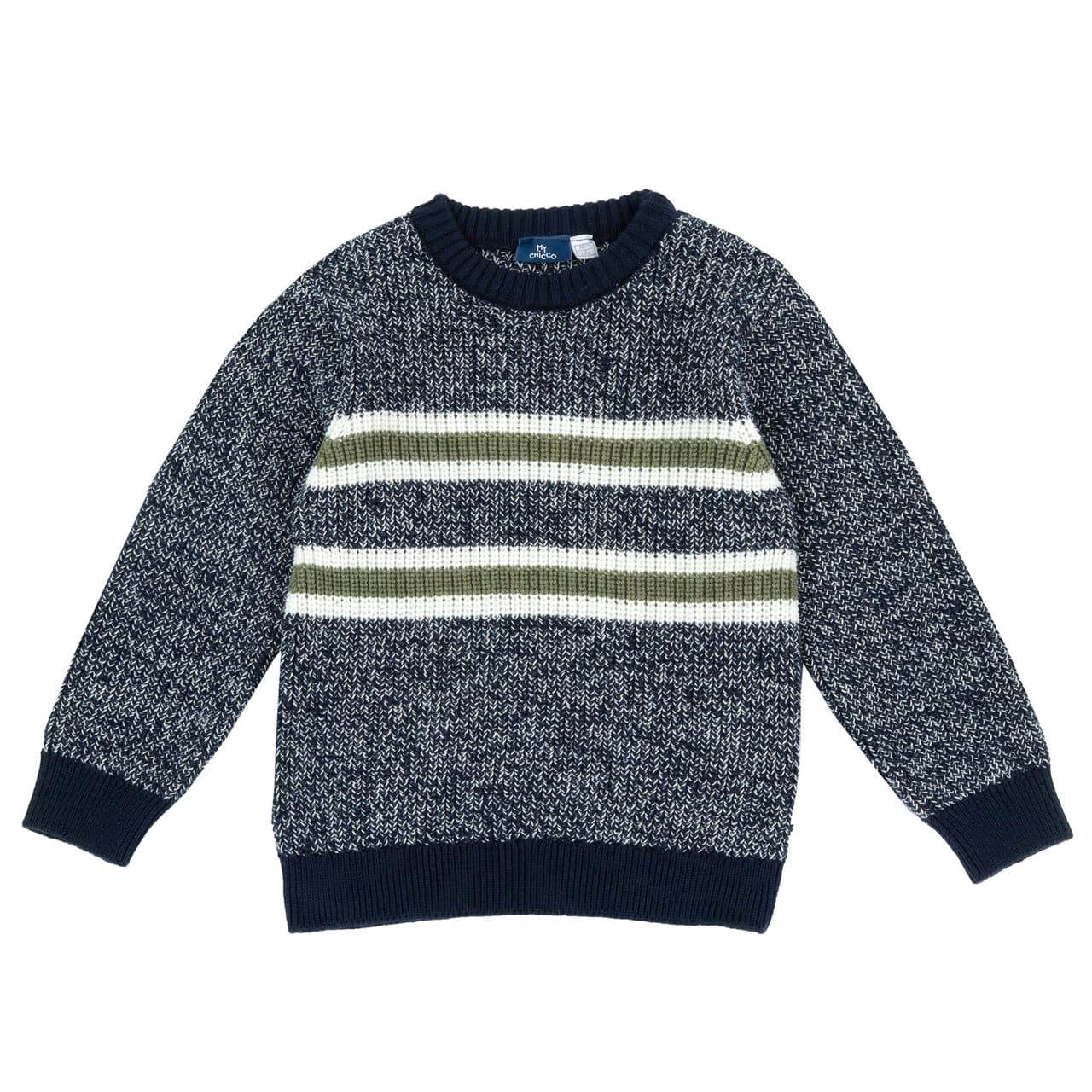 Maglione Girocollo | Chicco Maglione girocollo Chicco blu in misto cotone e lana con effetto mouliné, motivo a righe sul davanti e bordi a coste. | Chicco
