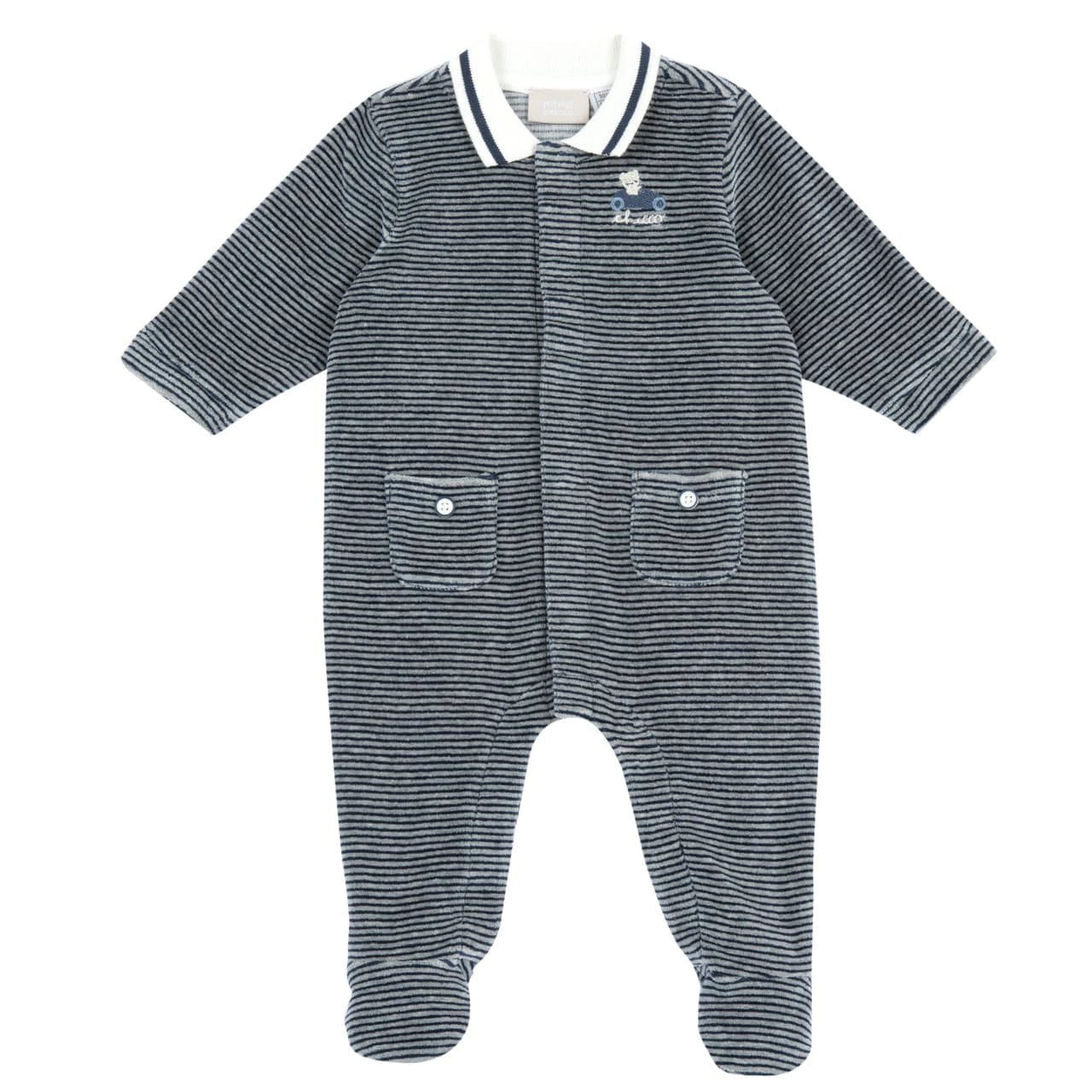 Tutina Aperta Davanti | Chicco Tutina aperta davanti in ciniglia blu Chicco per neonato, con grafica ricamata e piedini antiscivolo dalla taglia 12 mesi. | Chicco