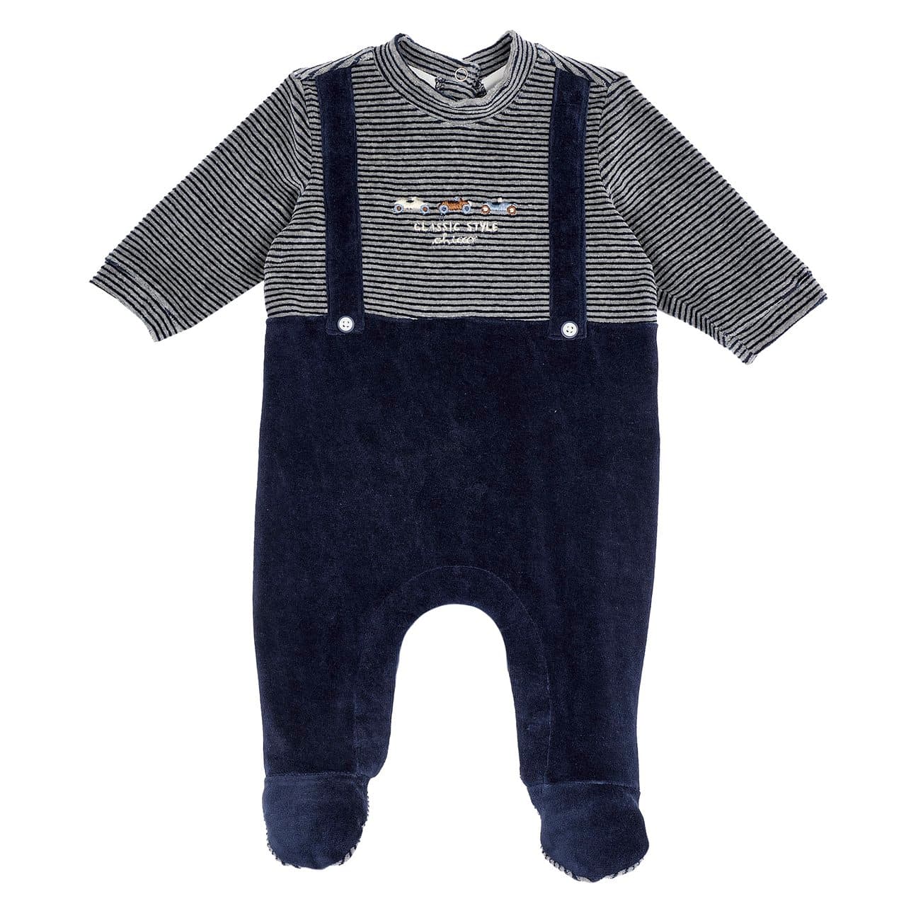 Tutina Aperta Interno Gamba | Chicco Tutina Chicco blu in ciniglia per bambino, girocollo con bretelle e grafica ricamata, ideale per autunno/inverno, con apertura entrogamba e stampa antiscivolo sotto i piedini. | Chicco