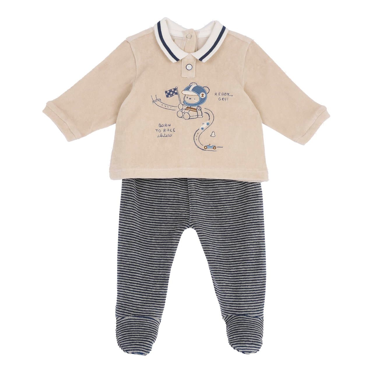 Completo Maglia E Pantaloni Con Piedini | Chicco Completo neonato Chicco in ciniglia blu autunno/inverno, maglia con ricamo e pantaloni a righe con piedini. | Chicco