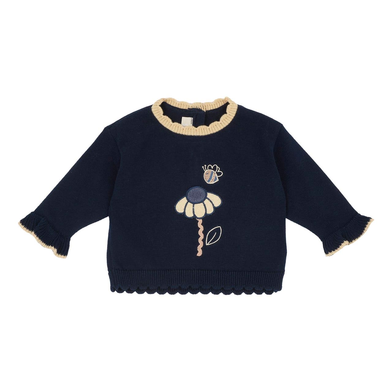 Maglione Ricamato | Chicco Maglione girocollo Chicco blu in 100% cotone per bambina, con ricamo floreale, bordi smerlati e applicazione a forma di ape. | Chicco