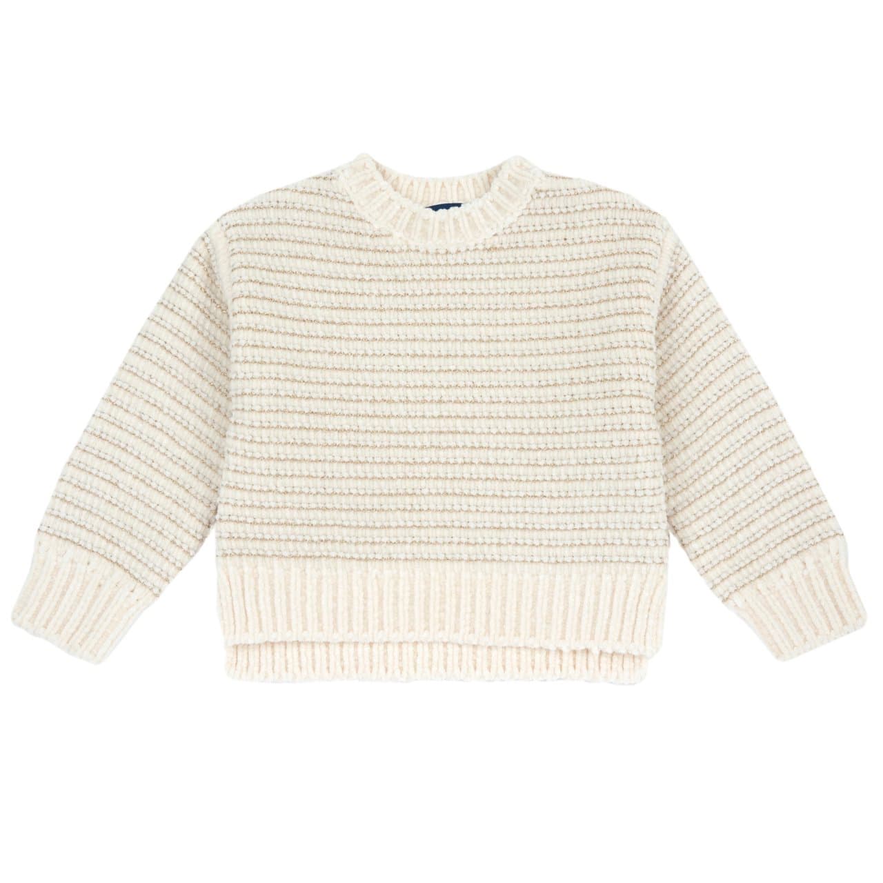 Maglione Girocollo | Chicco Maglione girocollo bianco in filato luminoso per bambina Chicco, con dettagli a coste e bottoni effetto madreperla sulla spalla per taglie piccole. | Chicco