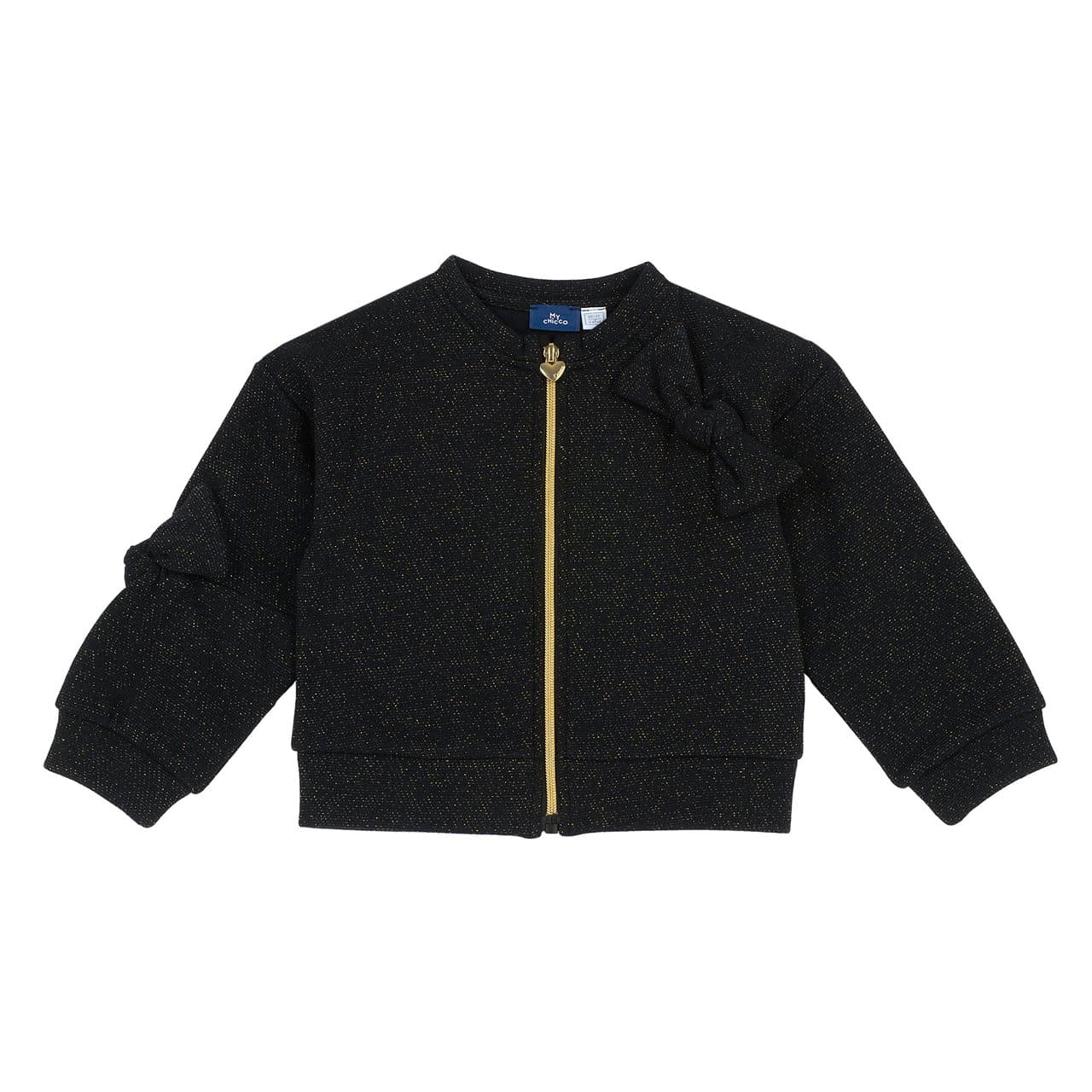 Felpa Con Zip | Chicco Felpa con zip nera elasticizzata per bambina Chicco con filato luminoso, chiusura a contrasto metallizzata e fiocchi decorativi. | Chicco