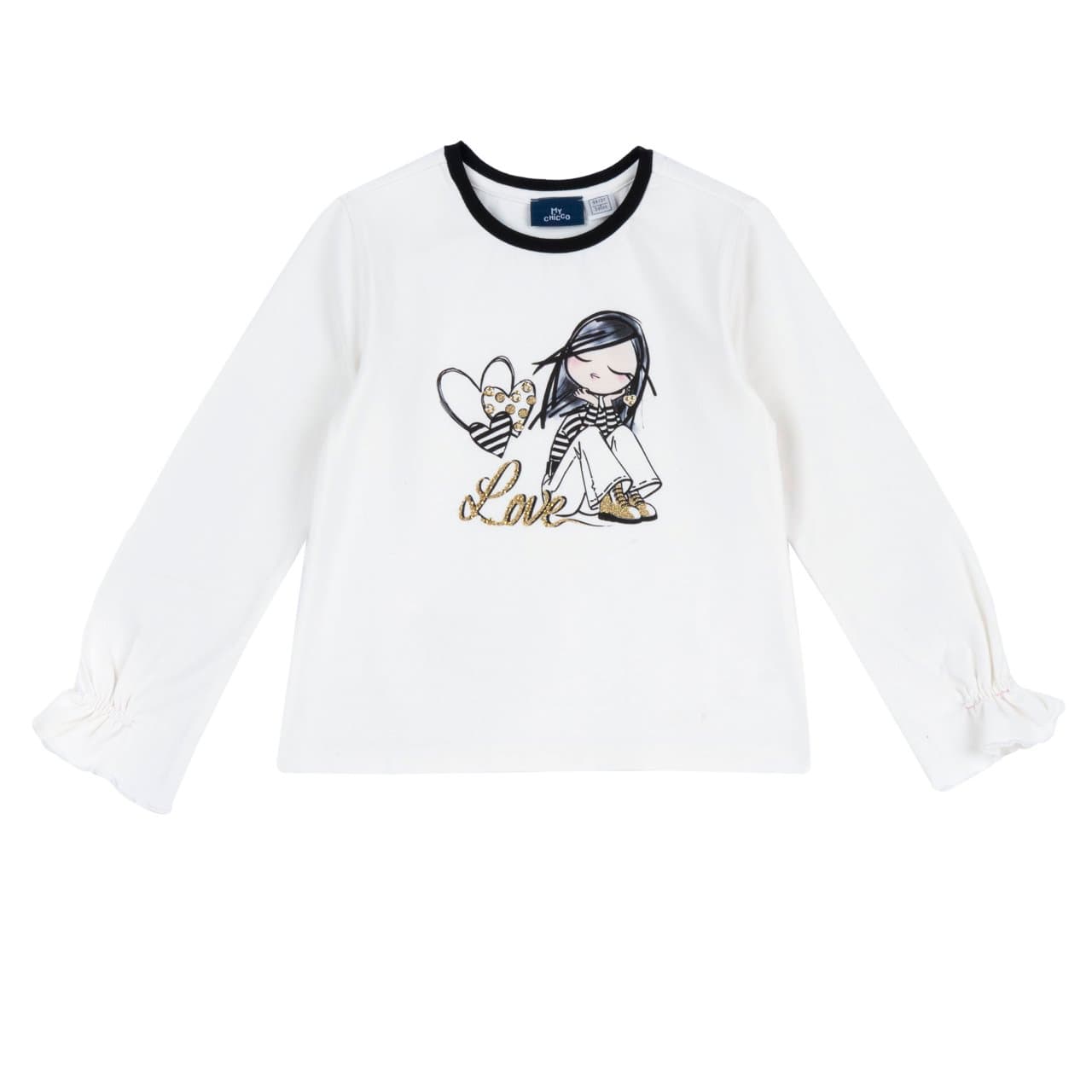 Maglietta Manica Lunga | Chicco Maglietta a manica lunga Chicco bianca in jersey di cotone elasticizzato per bambina, con stampa frontale glitter oro e strass, girocollo a contrasto e polsini elasticizzati. | Chicco