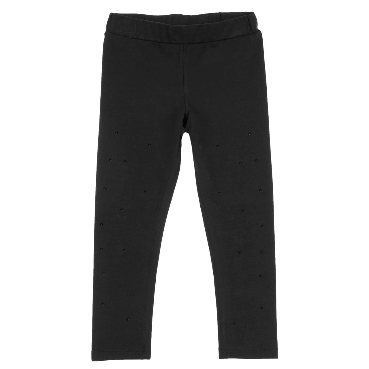 Leggings Con Strass | Chicco Leggings lunghi neri in jersey di cotone elasticizzato per bambina Chicco con vita elastica e applicazioni di strass tono su tono sul davanti. | Chicco