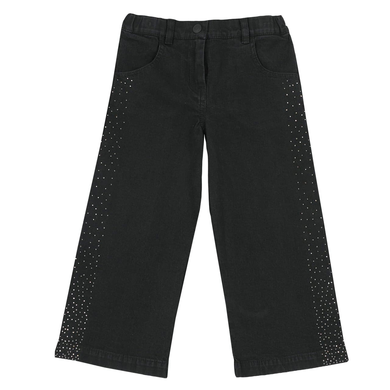 Pantaloni Lunghi Denim | Chicco Pantaloni lunghi denim neri elasticizzati Chicco da bambina con gamba ampia, tasche, zip, bottone smaltato e strass sui fianchi anteriori. | Chicco