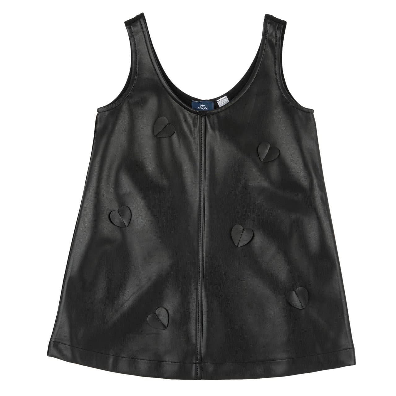 Vestito Smanicato | Chicco Vestito smanicato nero Chicco per bambina con applicazioni a cuore tridimensionali, parte anteriore in tessuto spalmato e retro in Punto Milano. | Chicco