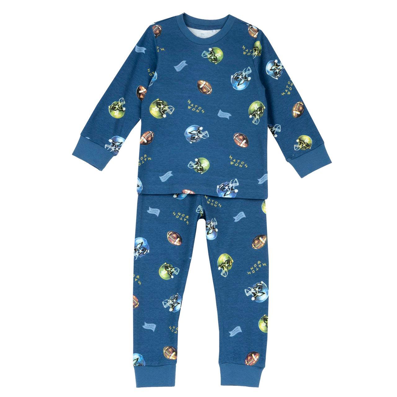 Pigiama Lungo In Interlock | Chicco Pigiama lungo azzurro in interlock di cotone Chicco per bambino, con fantasia stampata stile college e certificazione Oeko-Tex. | Chicco