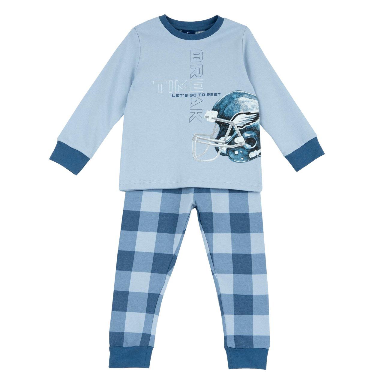 Pigiama Lungo In Felpa | Chicco Pigiama lungo in felpa azzurra Chicco per bambino con grafica college e pantaloni a quadri, certificato Oeko-Tex. | Chicco