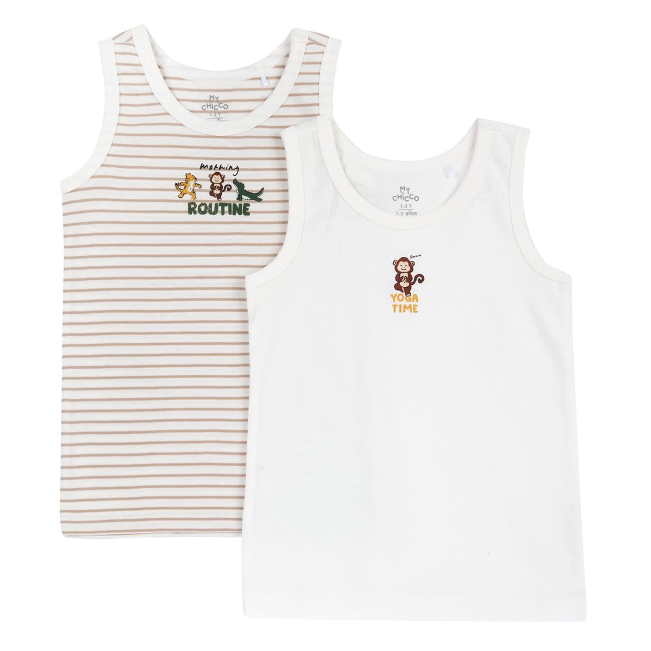 Set Canottiere Intime Spalla Larga | Chicco Set di due canottiere intime Chicco a spalla larga per bambino, in cotone Oeko-Tex, una bianca e una con fantasia e stampa frontale, ideali per l'autunno/inverno. | Chicco