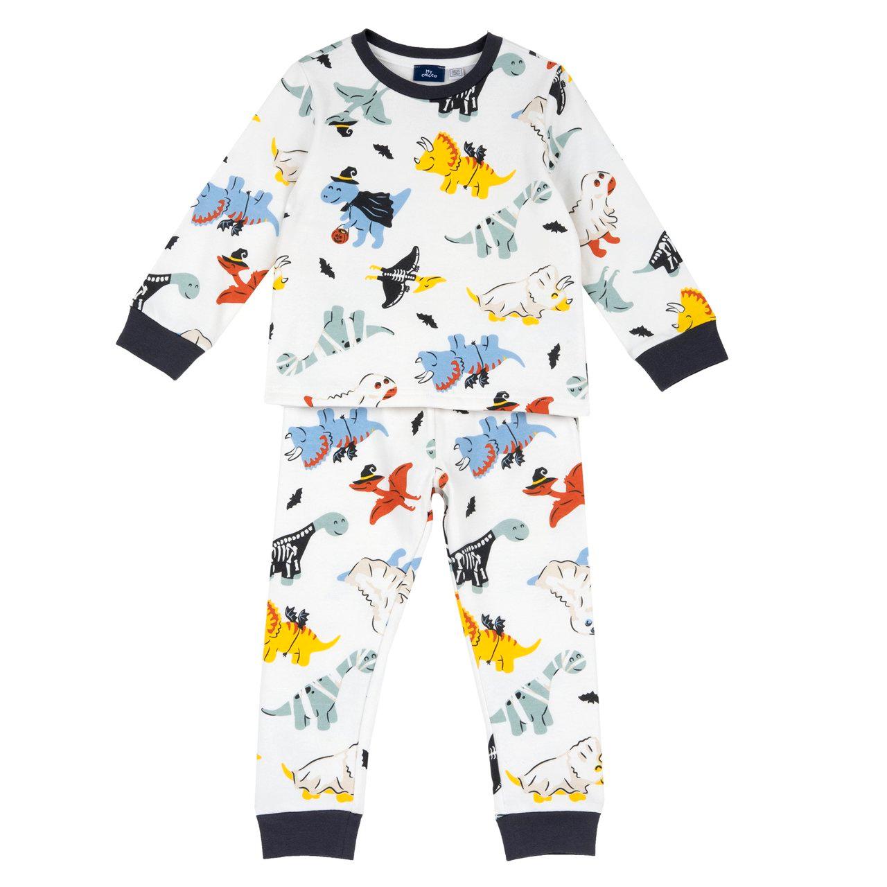 Pigiama Lungo Halloween | Chicco Pigiama lungo Halloween Chicco in felpa di cotone garzata bianca per bambino, con maglia e pantaloni a fantasia a tema, certificato Oeko-Tex. | Chicco