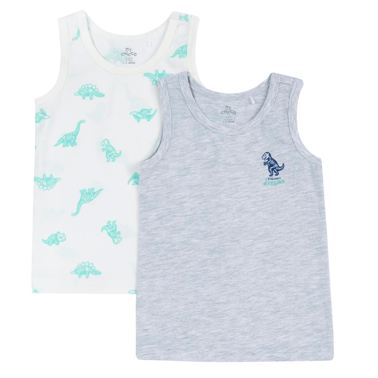 Set Canottiere Intime Dinosauro | Chicco Set due canottiere intime Chicco per bambino, una bianca con fantasia dinosauro e una tinta unita, in misto cotone jersey per autunno/inverno. | Chicco