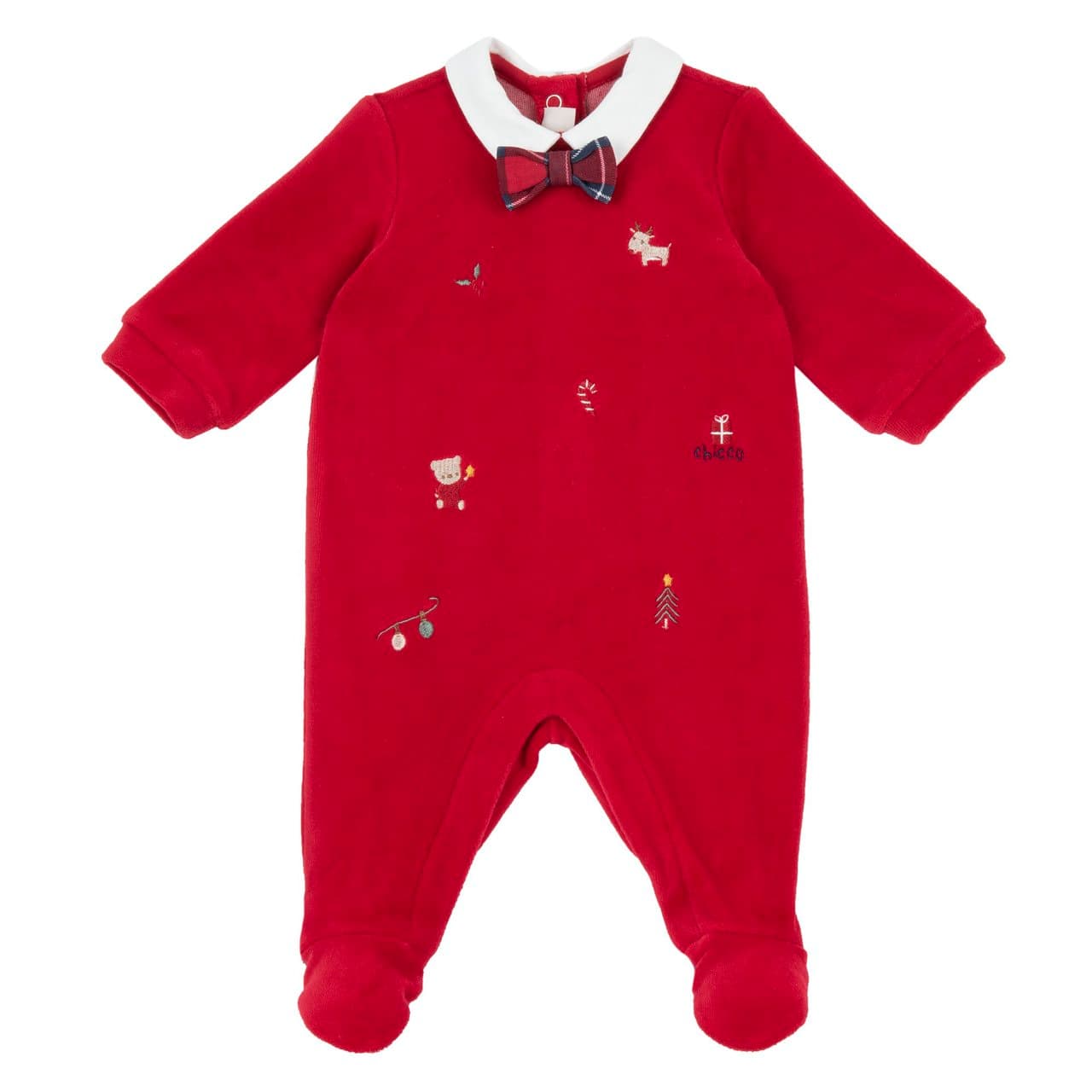 Tutina Aperta Interno Gamba | Chicco Tutina Chicco rossa in ciniglia per neonato, con colletto bianco, grafica ricamata e papillon rimovibile, ideale per autunno/inverno. | Chicco