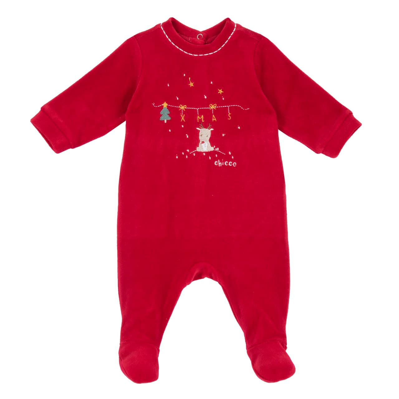 Tutina Aperta Dietro | Chicco Tutina neonato unisex Chicco in ciniglia rossa, girocollo con grafica ricamata e stampa antiscivolo sotto i piedini, certificata Oeko-Tex. | Chicco