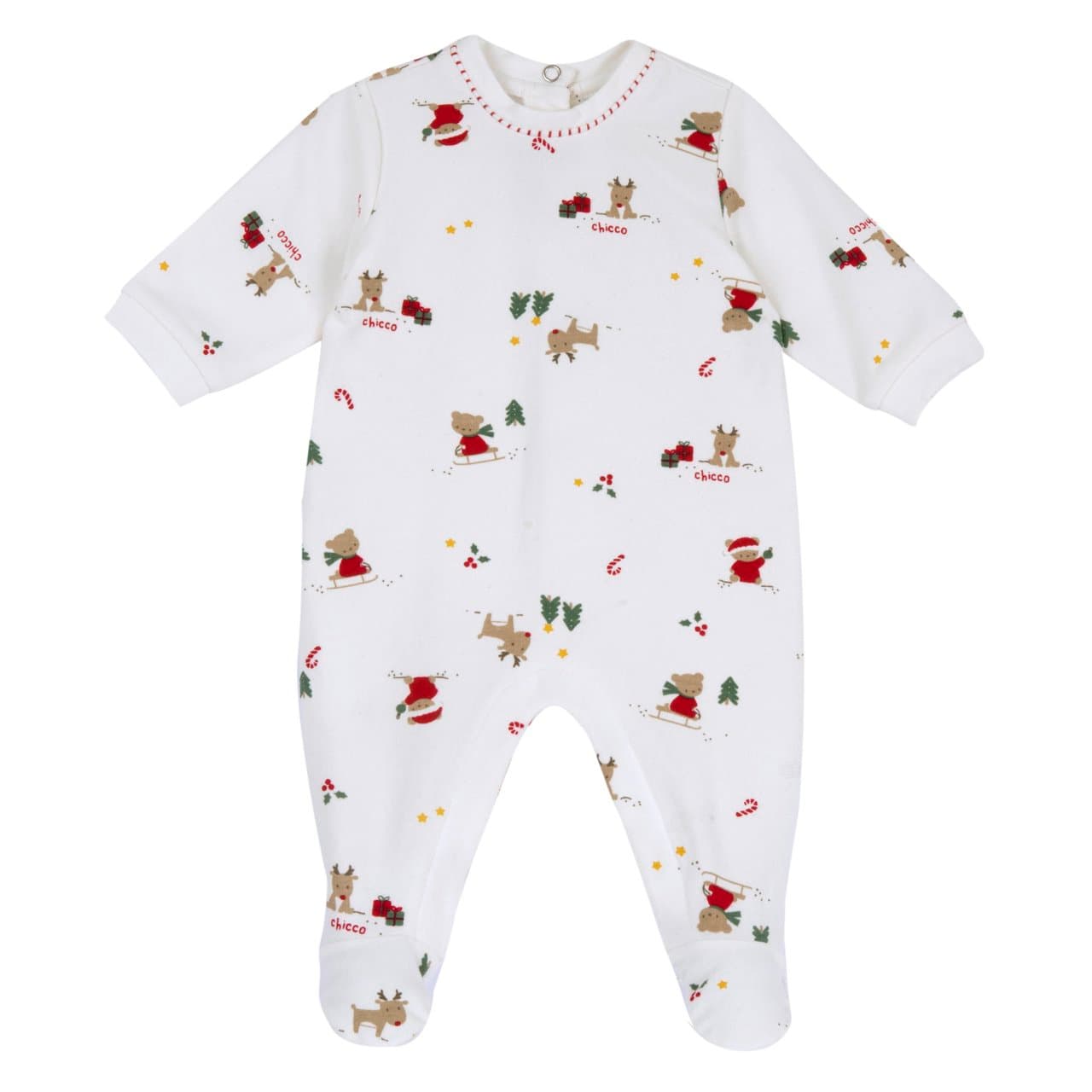 Tutina Aperta Interno Gamba | Chicco Tutina unisex Chicco bianca in felpa elasticizzata con stampa natalizia e apertura interna alle gambe per facilitare il cambio. | Chicco