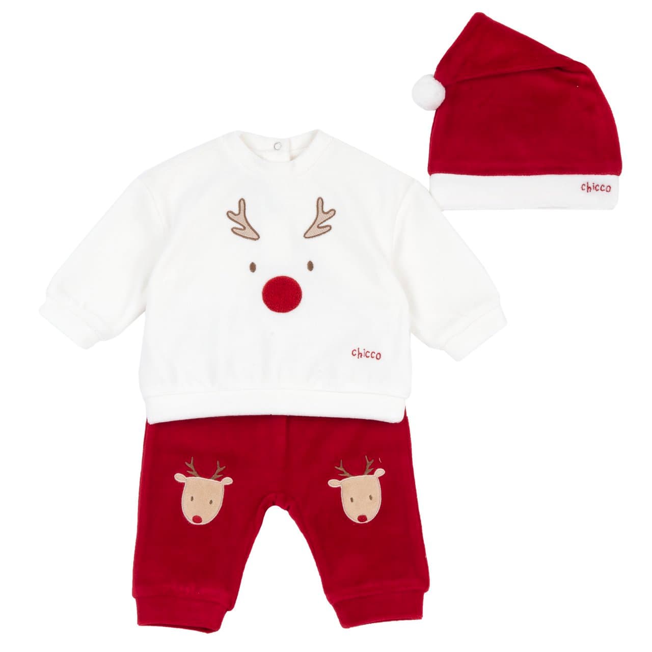 Completo Natale | Chicco Completo neonato unisex Chicco natalizio in ciniglia rossa, composto da maglia, pantaloni e cappello con applicazioni e ricami. | Chicco
