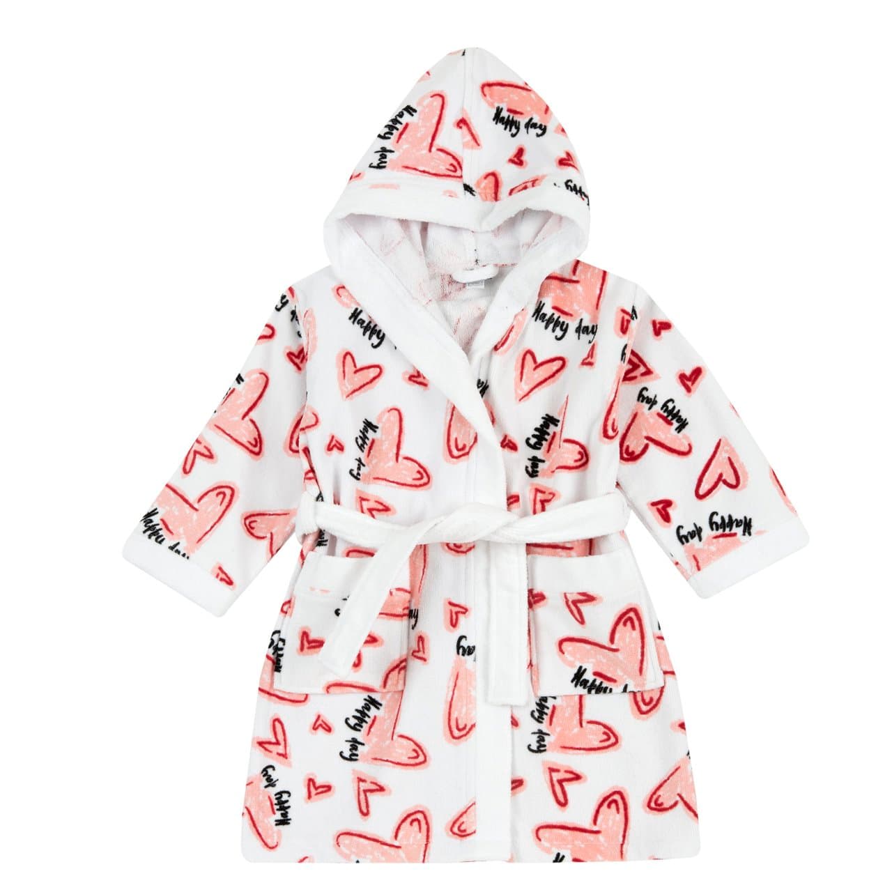 Accappatoio Stampa Fantasia | Chicco Accappatoio da bambina Chicco bianco in spugna di cotone con stampa a cuori, tasche frontali, cintura coordinata e bordi in tinta unita. | Chicco