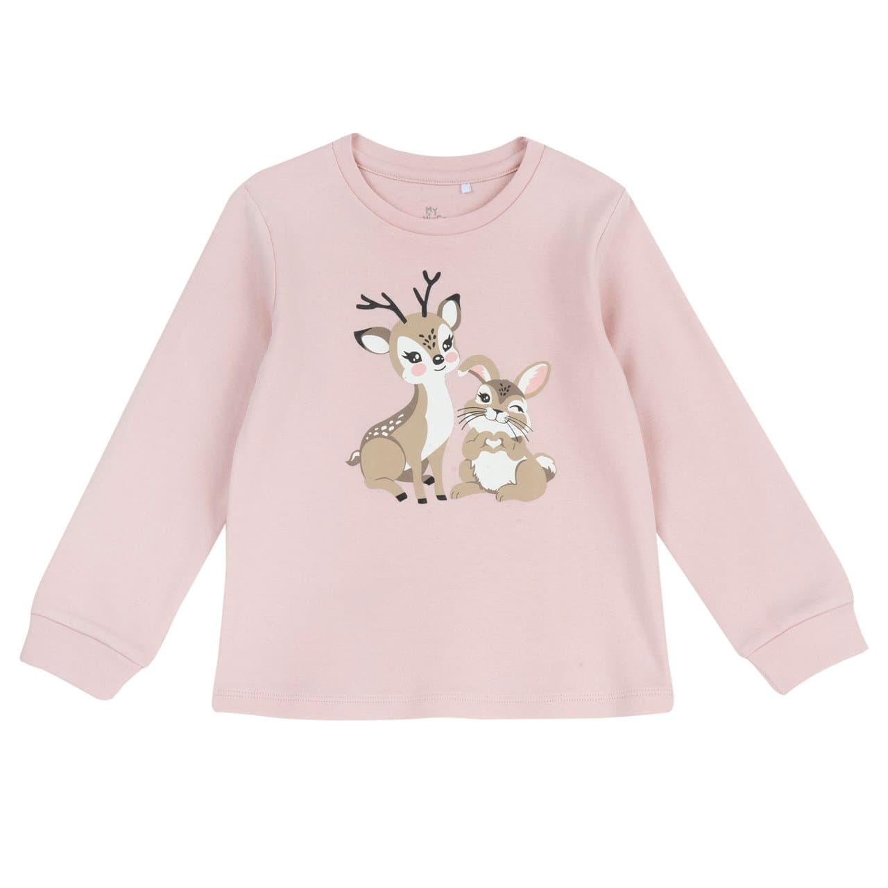 Maglietta Pigiama Manica Lunga | Chicco Maglietta pigiama a manica lunga Chicco rosa in cotone interlock per bambina con stampa cerbiatto e coniglio, certificata Oeko-Tex. | Chicco