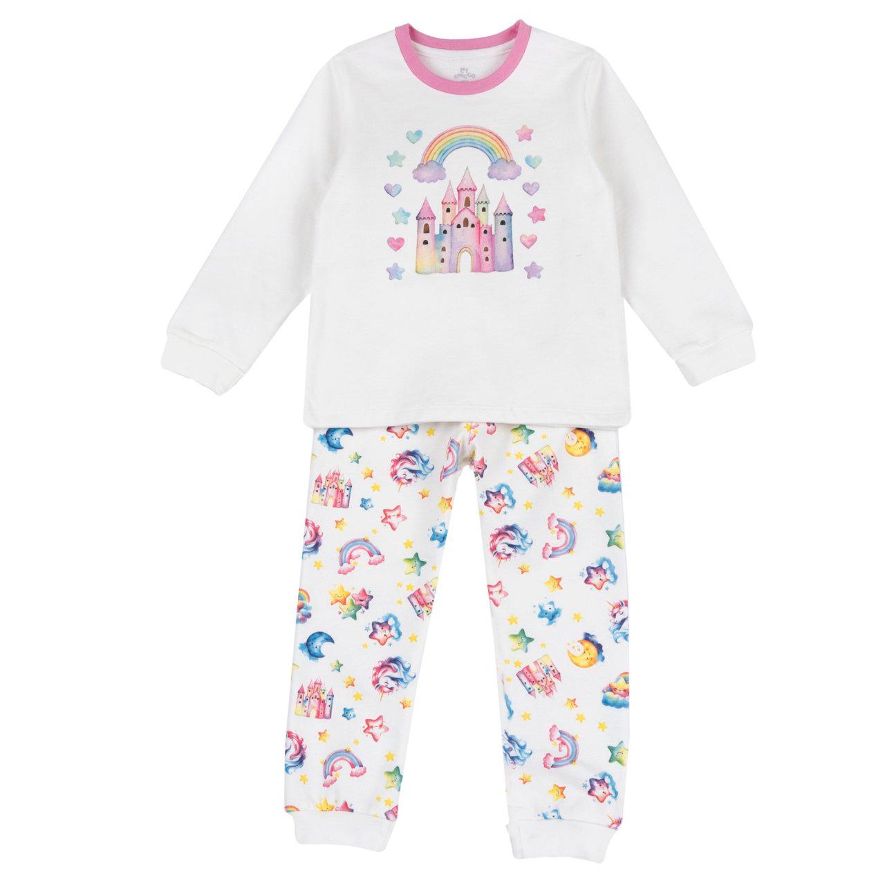 Pigiama Lungo In Felpa | Chicco Pigiama lungo da bambina Chicco in felpa beige con stampa castello multicolore e pantaloni con unicorni, certificato Oeko-Tex. | Chicco