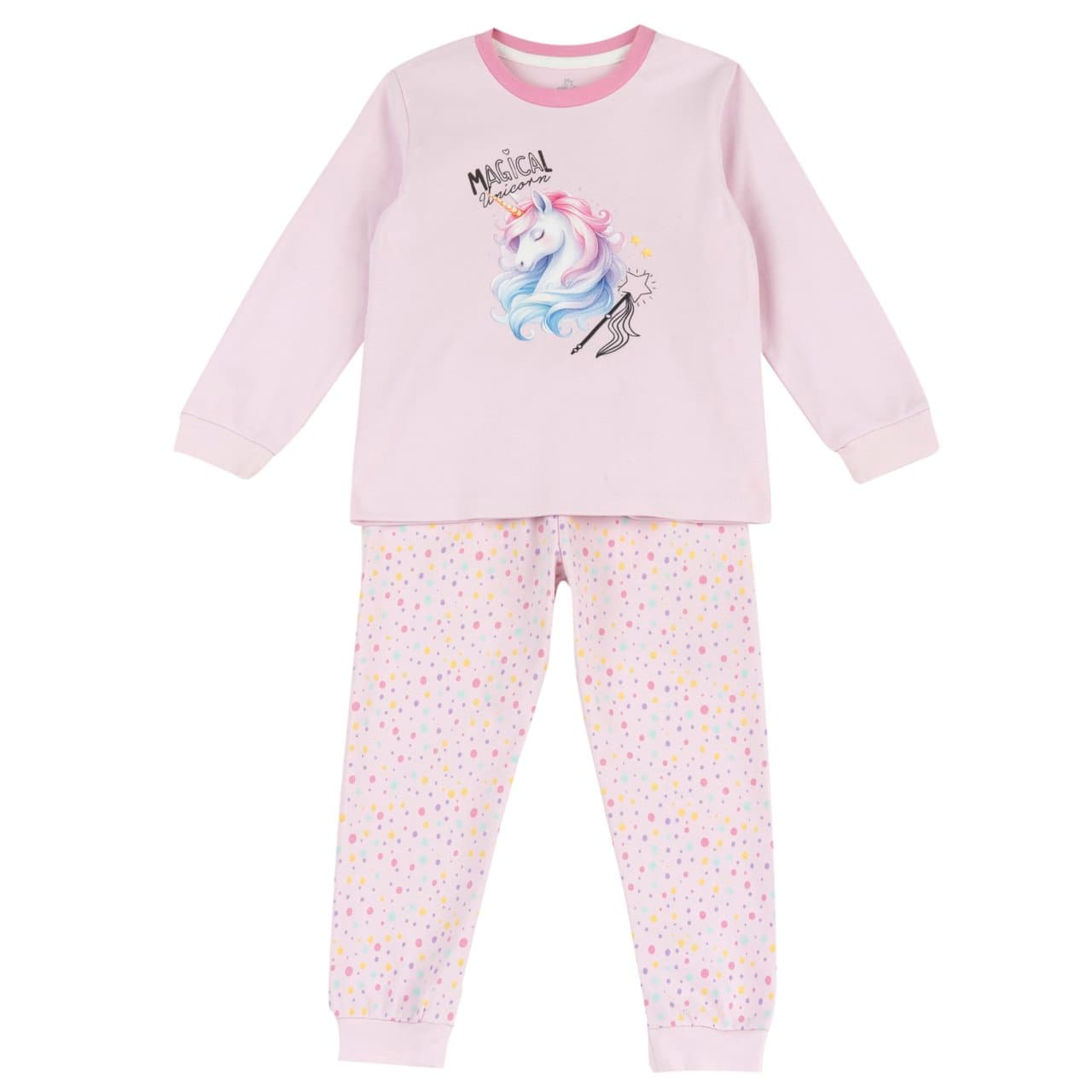 Pigiama Lungo In Interlock | Chicco Pigiama lungo da bambina Chicco in morbido interlock di cotone rosa, con maglia a stampa unicorno multicolore e pantaloni a pois irregolari, ideale per l'autunno/inverno. | Chicco