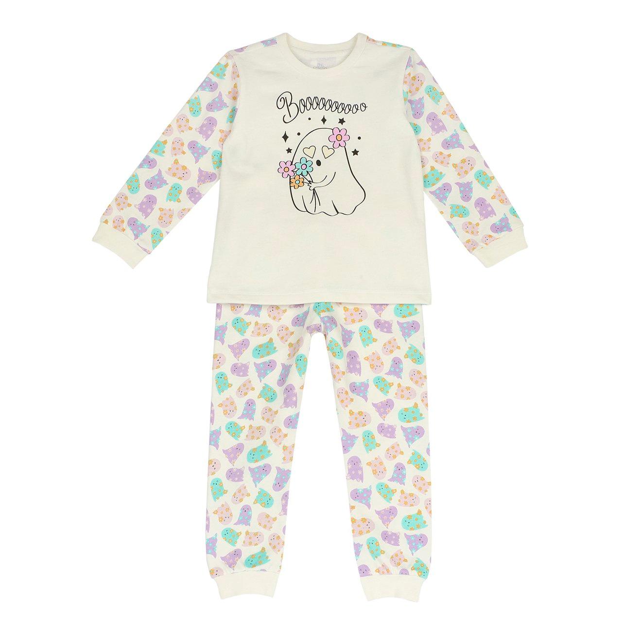 Pigiama Lungo In Felpa | Chicco Pigiama lungo in felpa di cotone beige Chicco per bambina con stampa di fantasmi fosforescenti e motivo multicolore su maniche e pantaloni. | Chicco