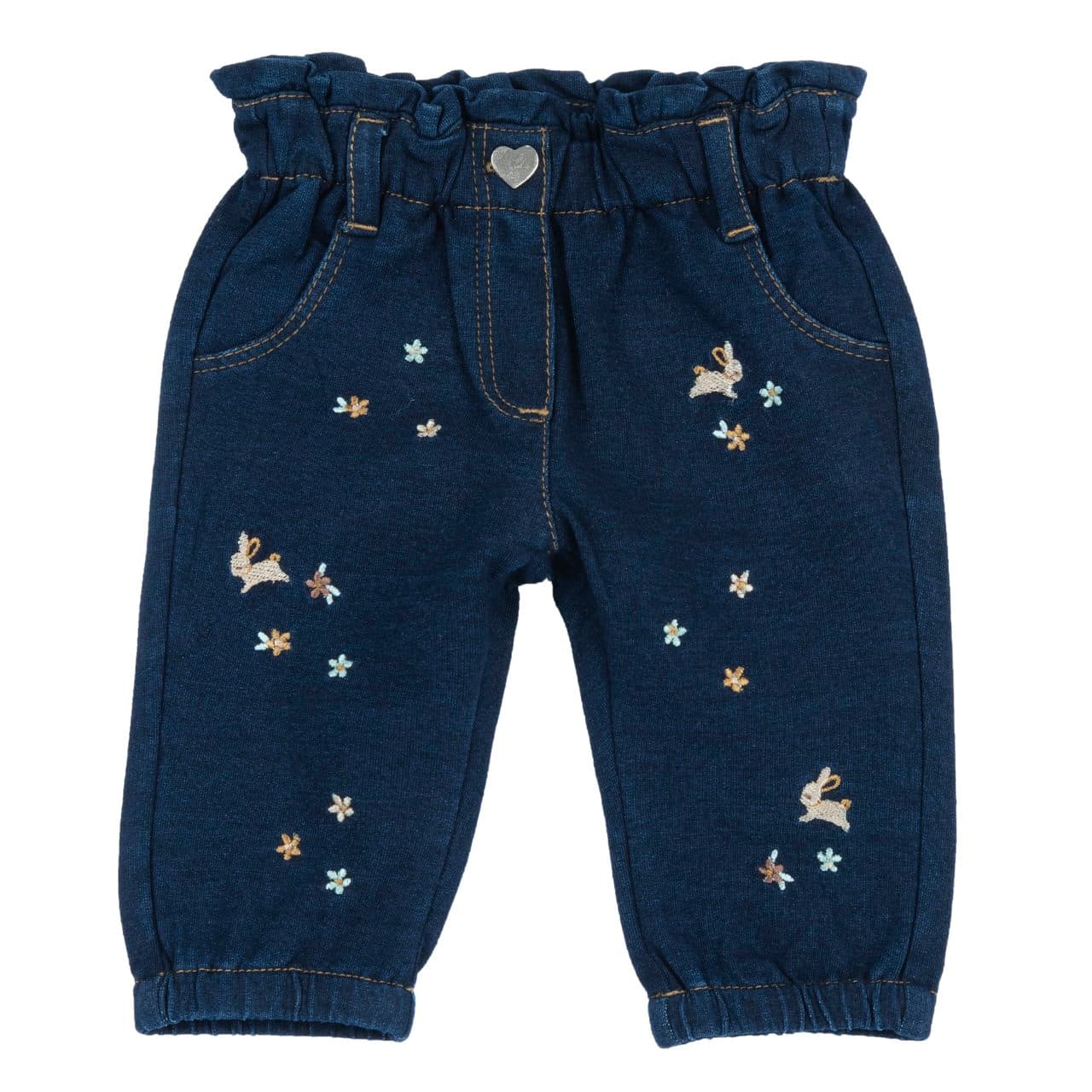 Pantaloni Lunghi Jeans | Chicco Pantaloni lunghi da bambina Chicco in felpa effetto denim blu con vita elasticizzata e ricami di coniglietti e fiorellini, ideali per l'autunno/inverno. | Chicco