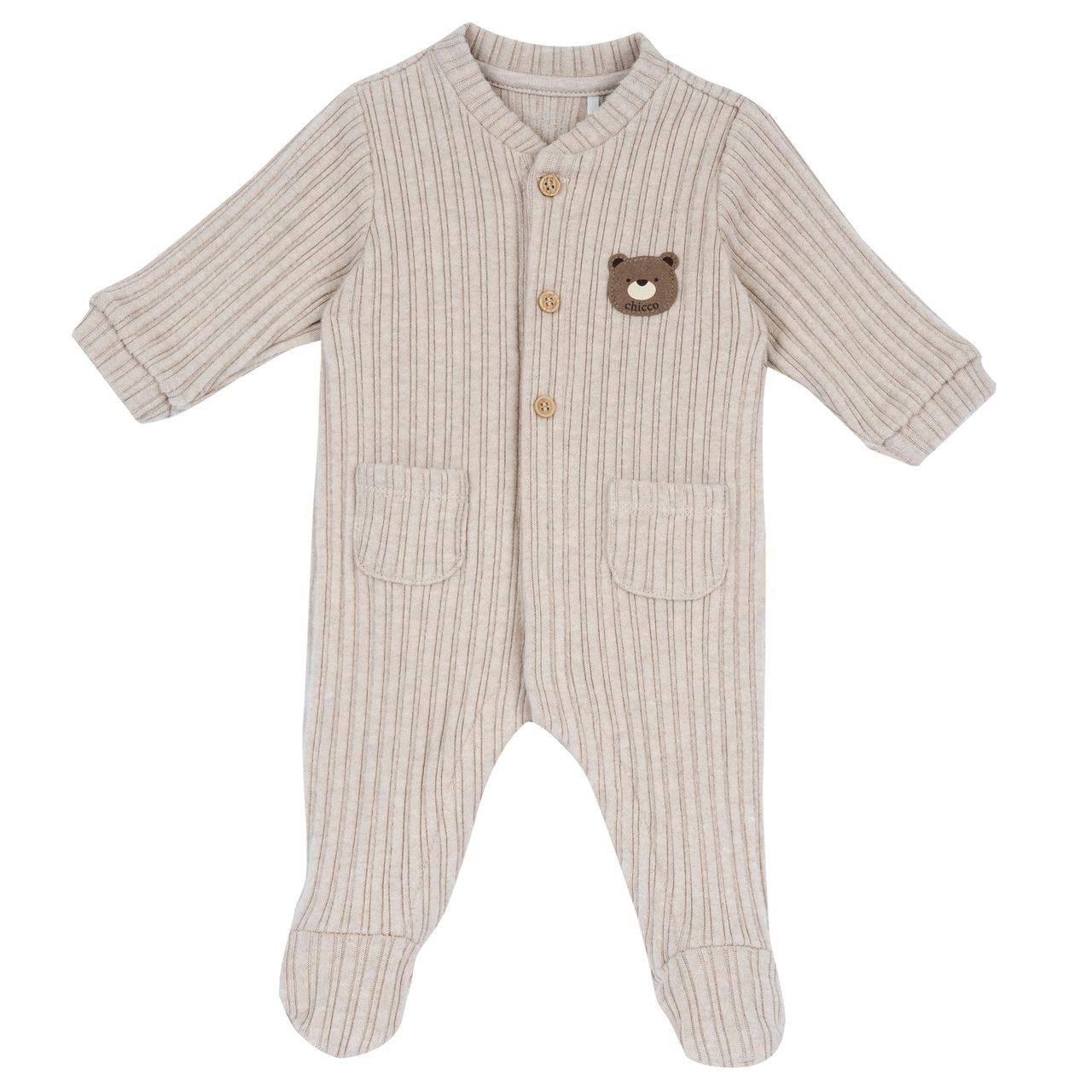 Tutina Aperta Davanti | Chicco Tutina unisex Chicco bianca in costina elasticizzata con apertura frontale, etichetta Orsetto e bottoncini effetto legno per autunno/inverno. | Chicco