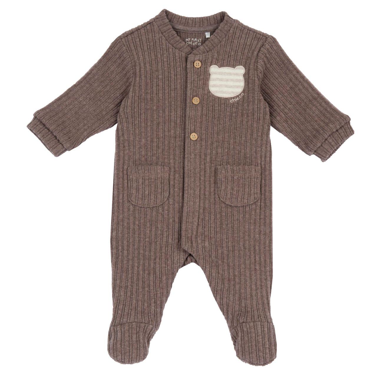 Tutina Aperta Davanti | Chicco Tutina unisex Chicco bianca in costina elasticizzata con apertura frontale, etichetta Orsetto e bottoncini effetto legno per autunno/inverno. | Chicco