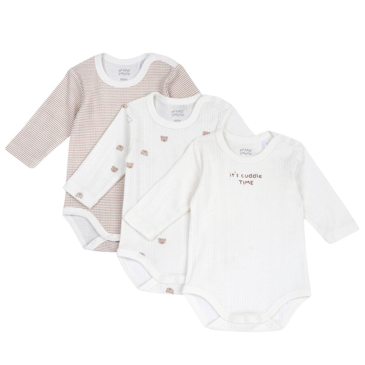 Set Body Intimo | Chicco Set tre body intimo neonato Chicco manica lunga unisex in morbido tessuto a costine, beige con righe, fantasia e grafica stampata, certificato Oeko-Tex. | Chicco