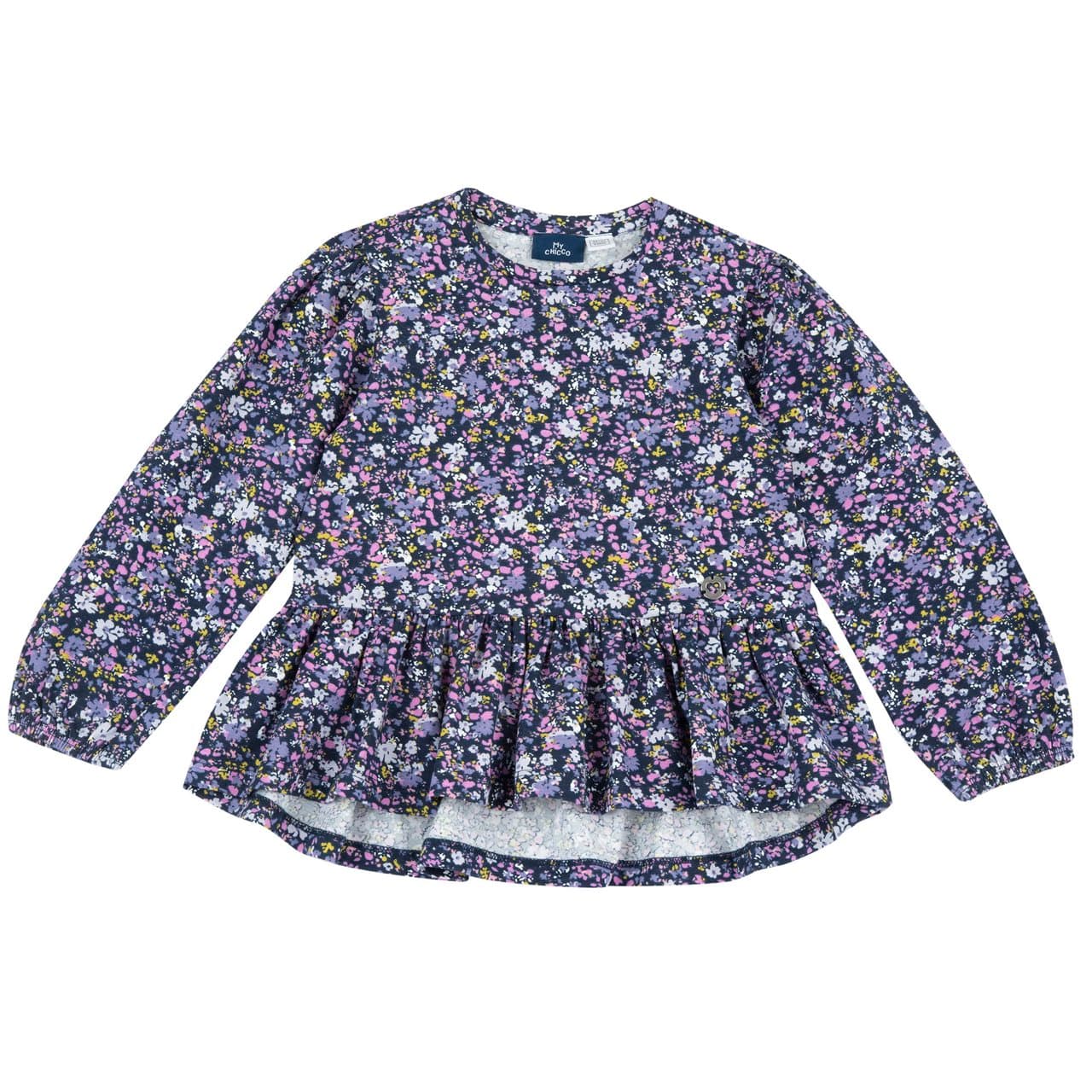 Maglietta Manica Lunga Stampa Floreale | Chicco Maglietta a manica lunga Chicco viola per bambina con stampa floreale, balza sul fondo e polsini elasticati, in jersey di cotone elasticizzato. | Chicco