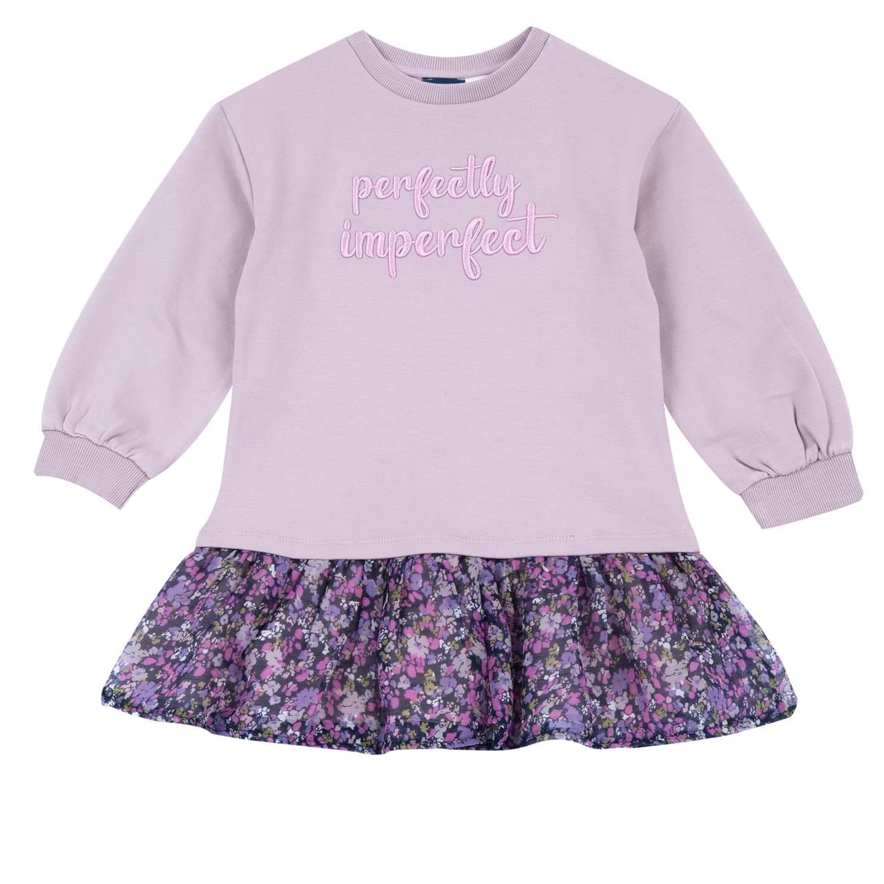 Vestito Manica Lunga | Chicco Vestito Chicco viola a manica lunga per bambina in felpa garzata di cotone elasticizzato con balza floreale in chiffon e ricamo frontale. | Chicco