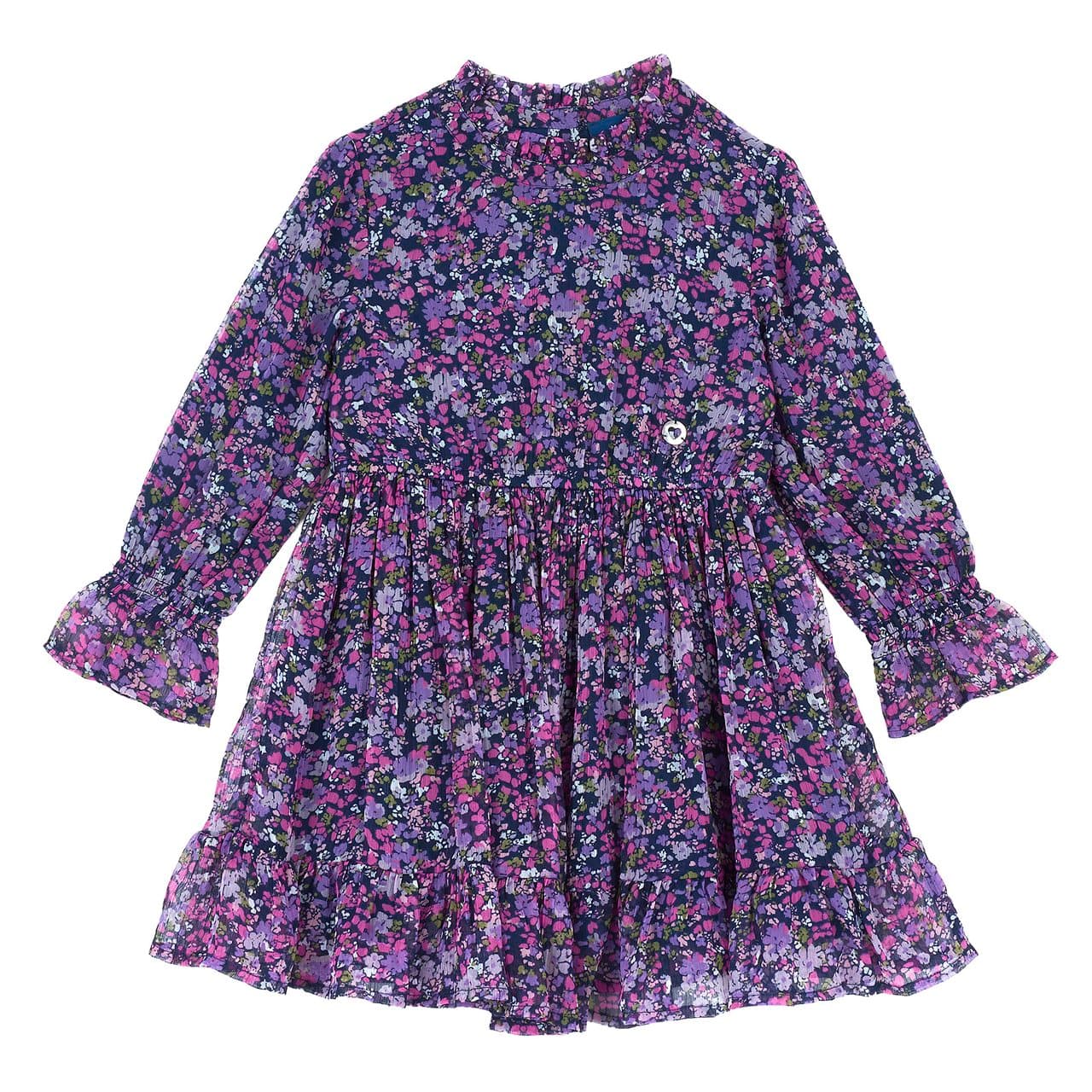 Vestito Manica Lunga Con Stampa Floreale | Chicco Vestito Chicco bambina manica lunga in chiffon viola con stampa floreale, vita e polsini elasticizzati con rouche e bottoni madreperla. | Chicco