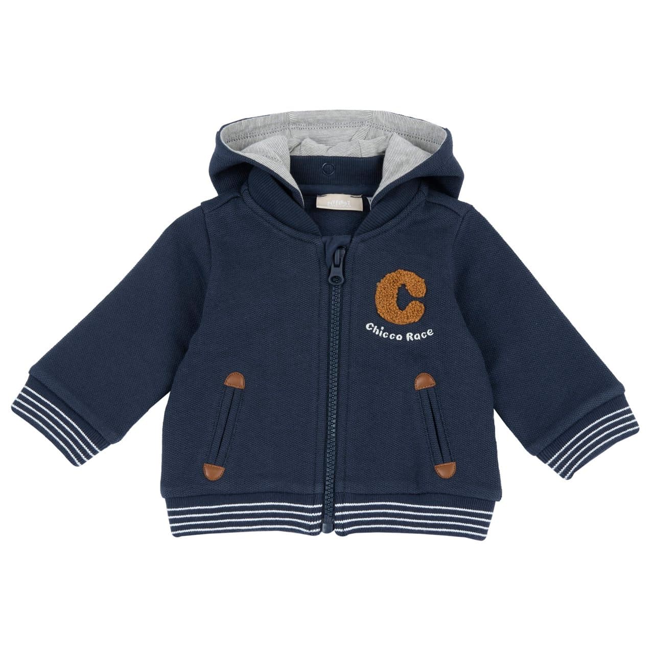 Felpa Con Zip | Chicco Felpa con zip e cappuccio removibile Chicco blu in felpa piqué per bambino, con ricamo "C" e scritta "Chicco race". | Chicco
