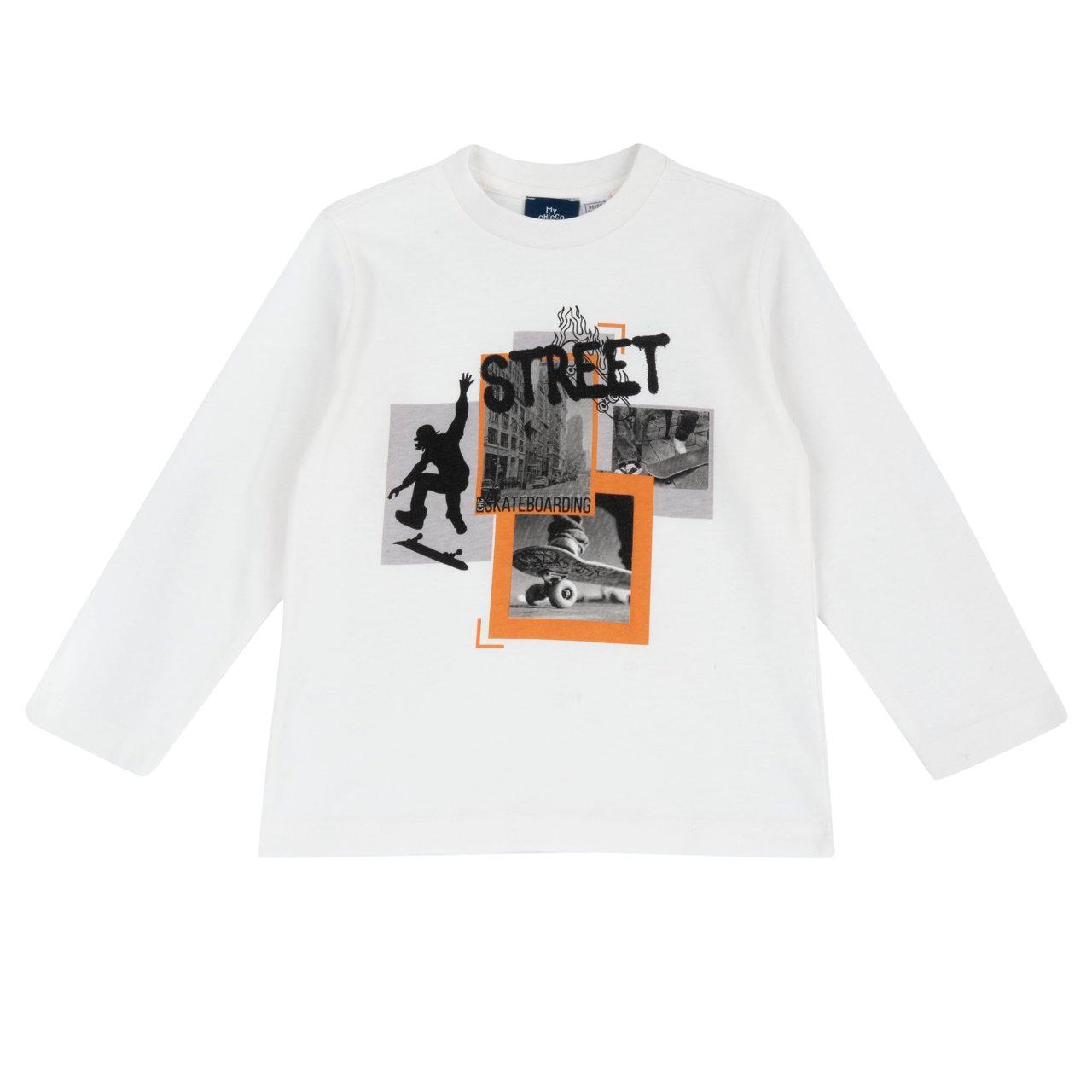 Maglietta Manica Lunga | Chicco Maglietta a manica lunga da bambino Chicco in jersey di cotone bianco, con stampa effetto fotografico e bottoni automatici sulla spalla. | Chicco