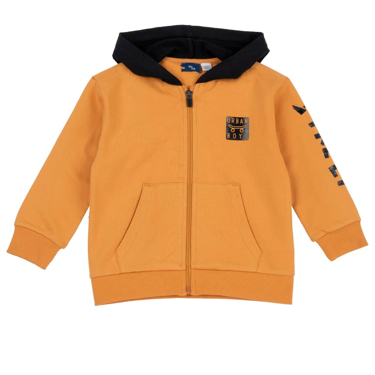 Felpa Con Cappuccio | Chicco Felpa con cappuccio Chicco arancione in cotone non garzato per bambino, con tasca frontale, para zip e stampe lucide effetto nastro. | Chicco